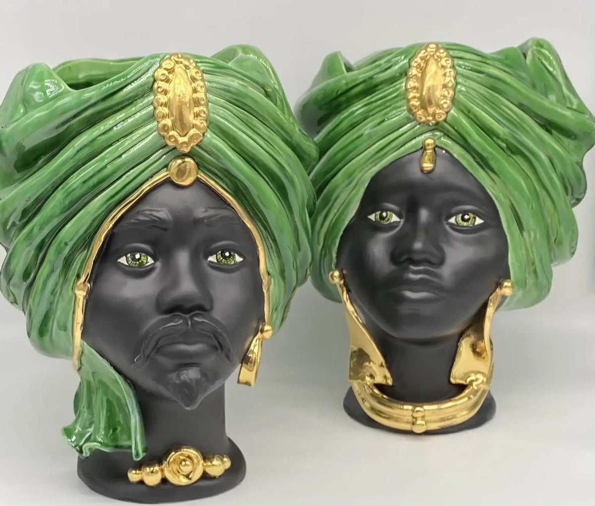 Teste di Moro Atena Ceramica Caltagirone cm H.30 L.23 Artigianale Verde Cristallo Nero Oro DD CERAMICHE SICILIANE