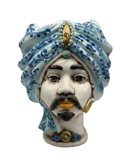 Teste di Moro Atena Ceramica Caltagirone cm H.30 L.23 Artigianale Celeste Barocco - Uomo - TESTA DI MORO