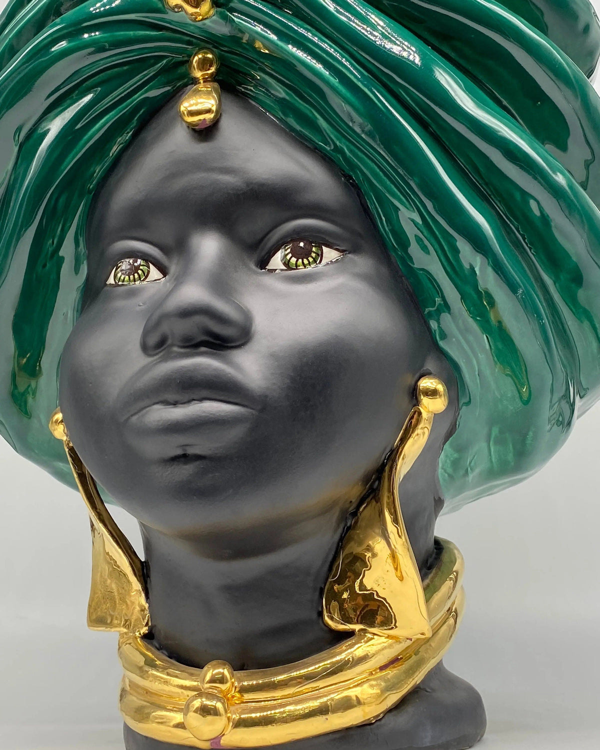 Teste di Moro Atena Ceramica Caltagirone cm H.40 L.28 Artigianale Verde Scuro Nero Oro DD CERAMICHE SICILIANE