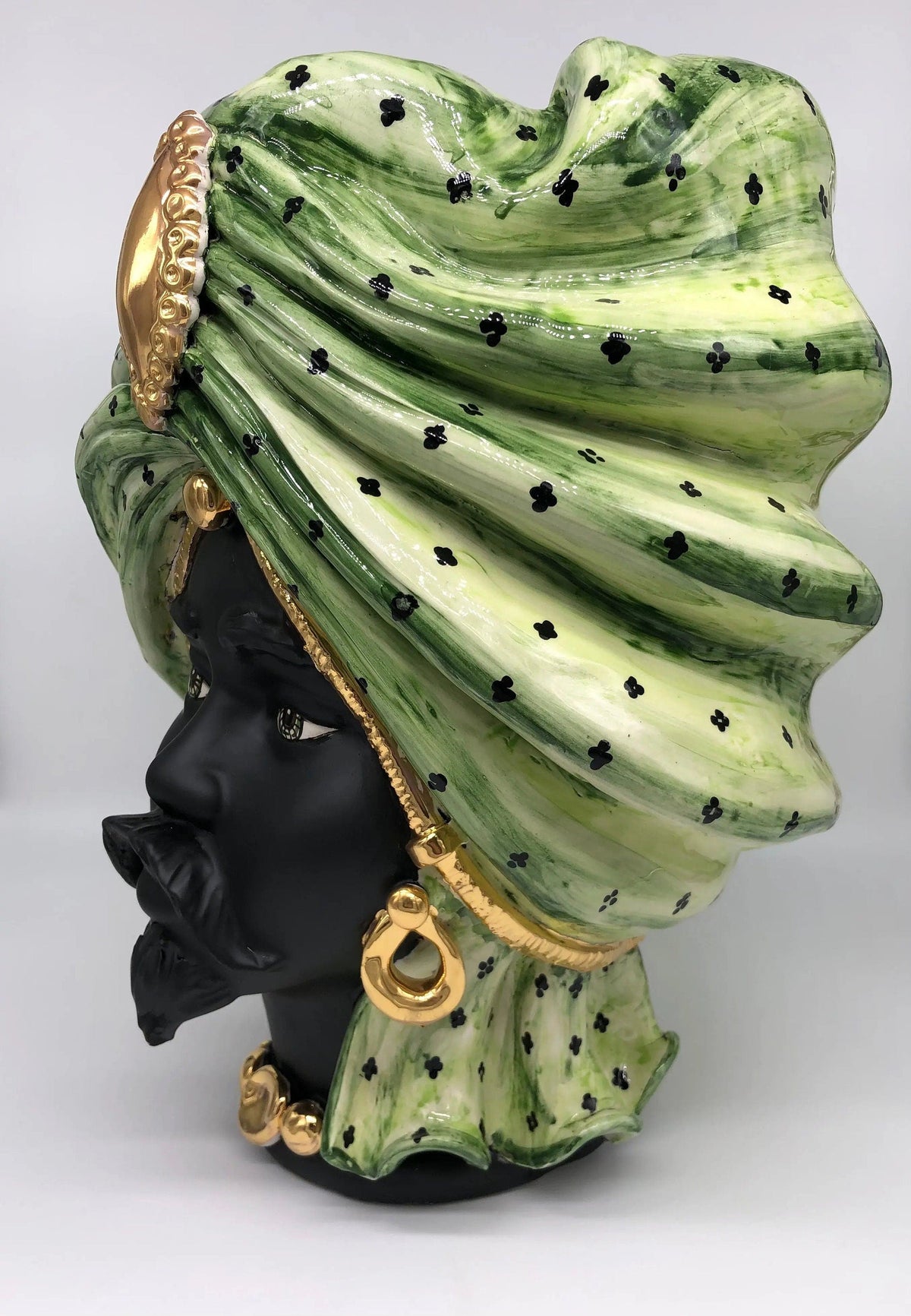 Teste di Moro Atena Ceramica Caltagirone cm H.40 L.28 Artigianale Verde Pois Nero Oro DD CERAMICHE SICILIANE
