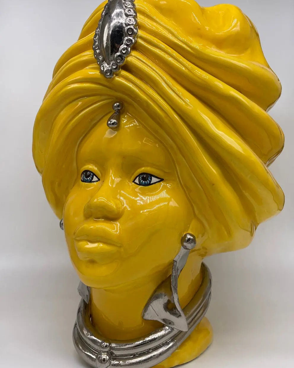 Teste di Moro Atena Ceramica Caltagirone cm H.40 L.28 Artigianale Giallo Platino DD CERAMICHE SICILIANE