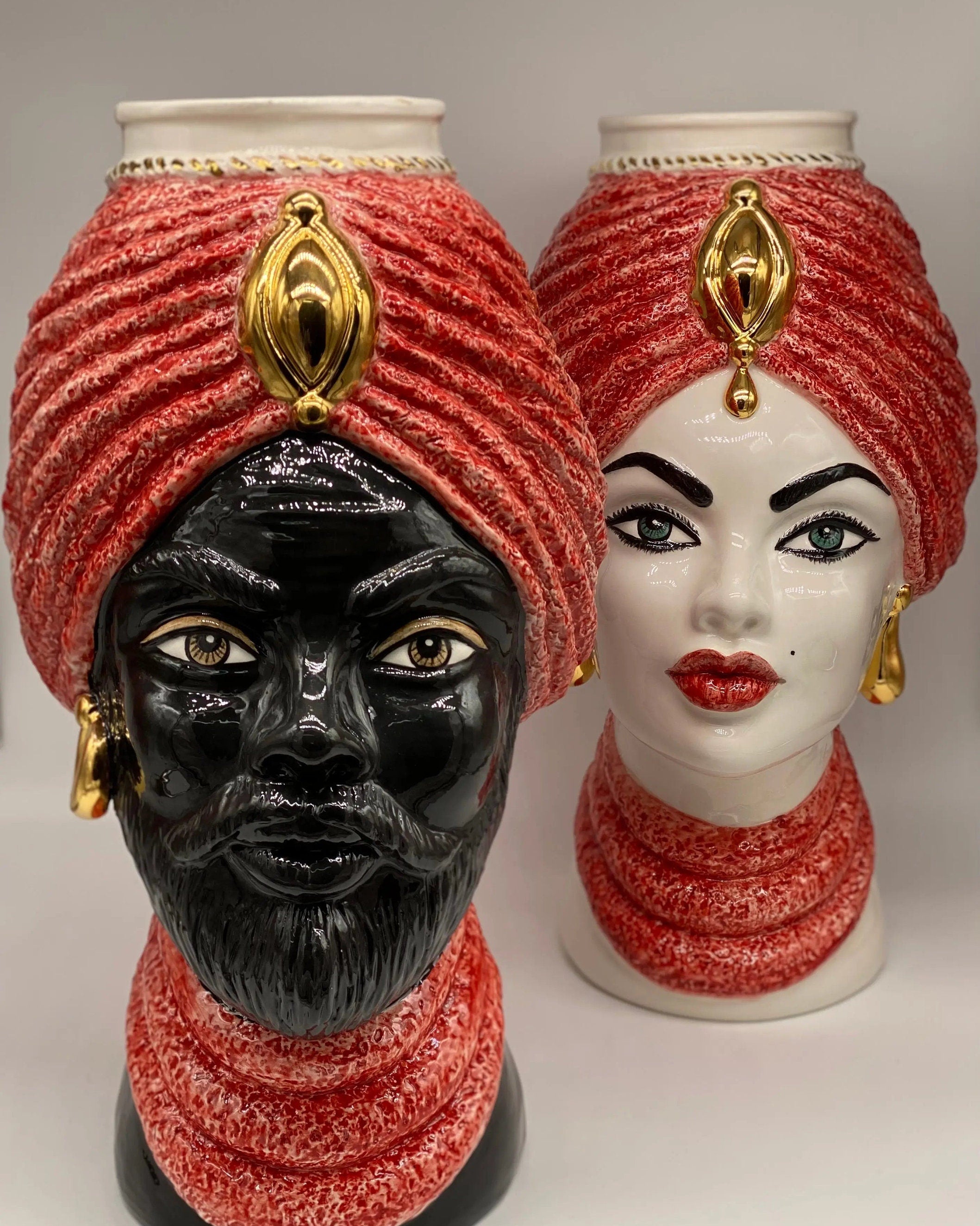 Teste di Moro Demetra Ceramica Caltagirone cm H.40 L.22 Artigianale Rosso Oro DD CERAMICHE SICILIANE