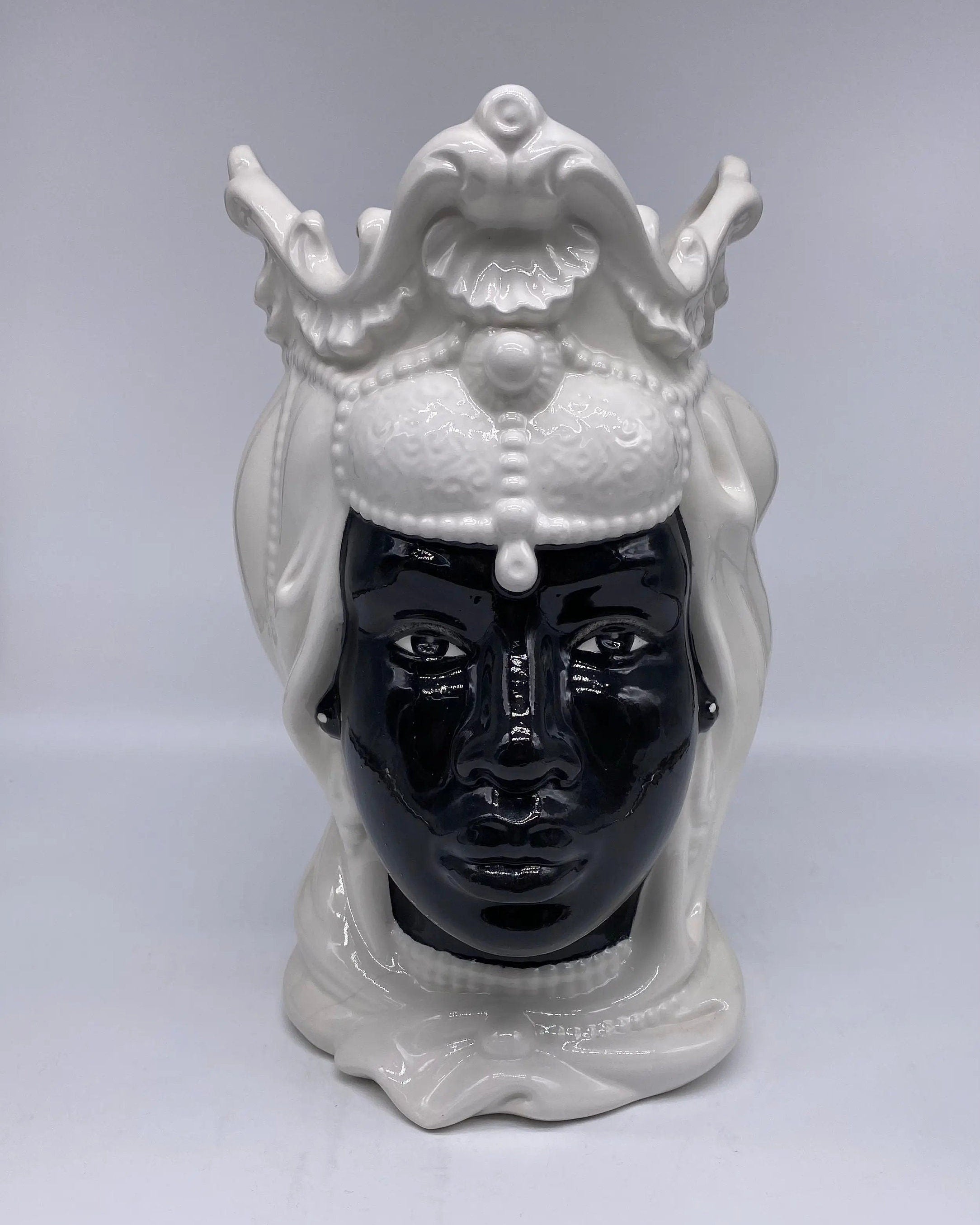 Teste di Moro Emiro Ceramica Caltagirone cm H.30 L.18 Artigianale Bianco Nero DD CERAMICHE SICILIANE