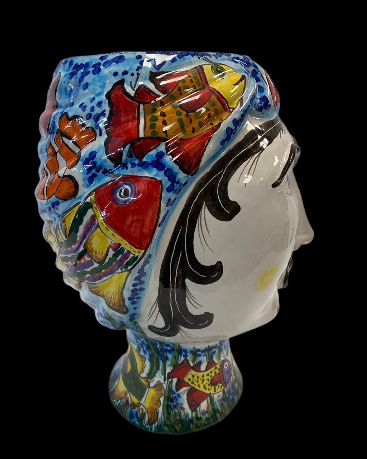 Teste di Moro “Gino & Fina” Ceramica Caltagirone cm H.40 L.30 Artigianale Decoro Pesci - TESTA DI MORO