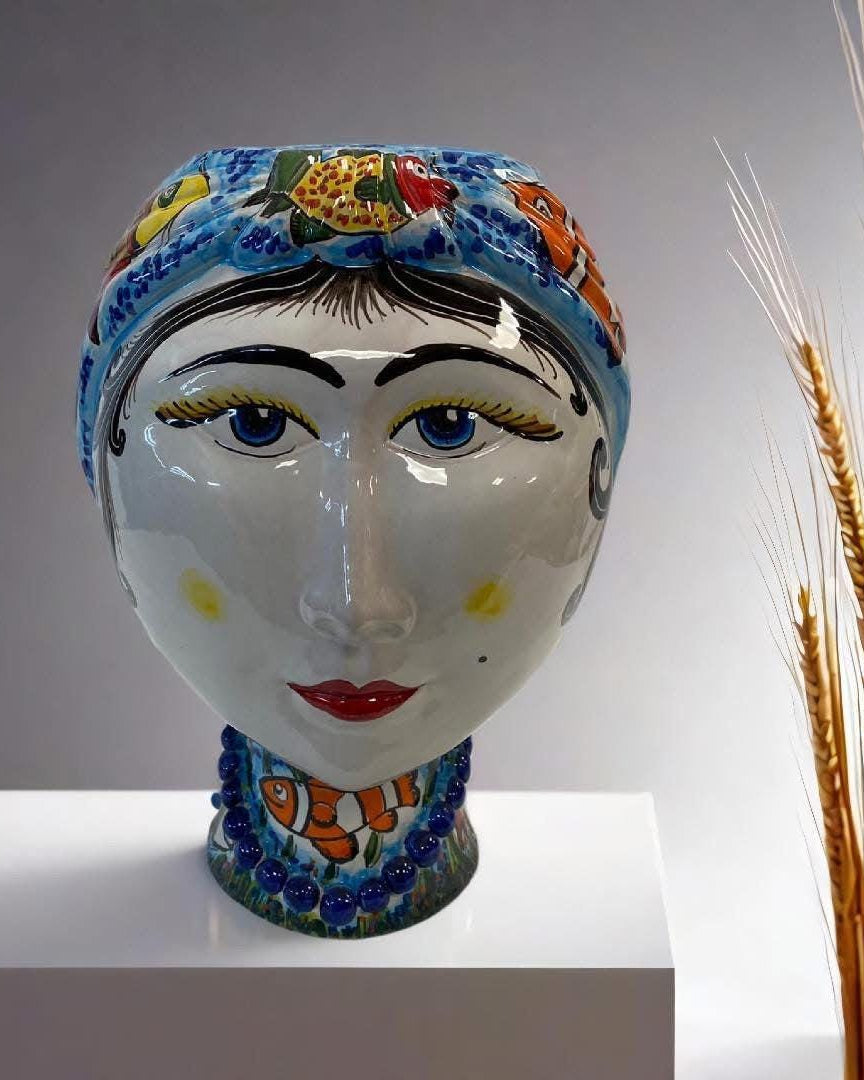 Teste di Moro “Gino & Fina” Ceramica Caltagirone cm H.40 L.30 Artigianale Decoro Pesci - Fina - TESTA DI MORO