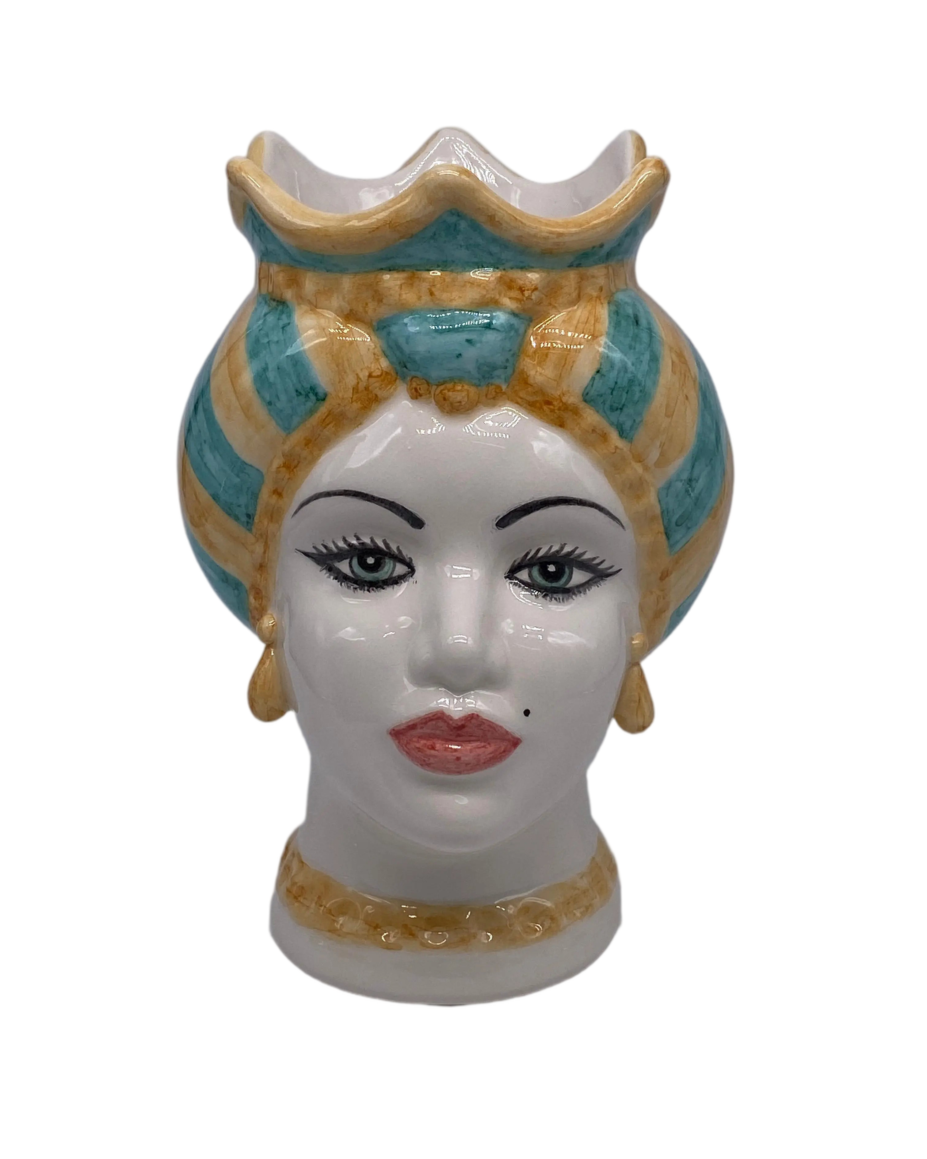 Teste di Moro Luis Ceramica Caltagirone cm H.22 L.15 Artigianale Turbante Liscio Ocra Verde DD CERAMICHE SICILIANE