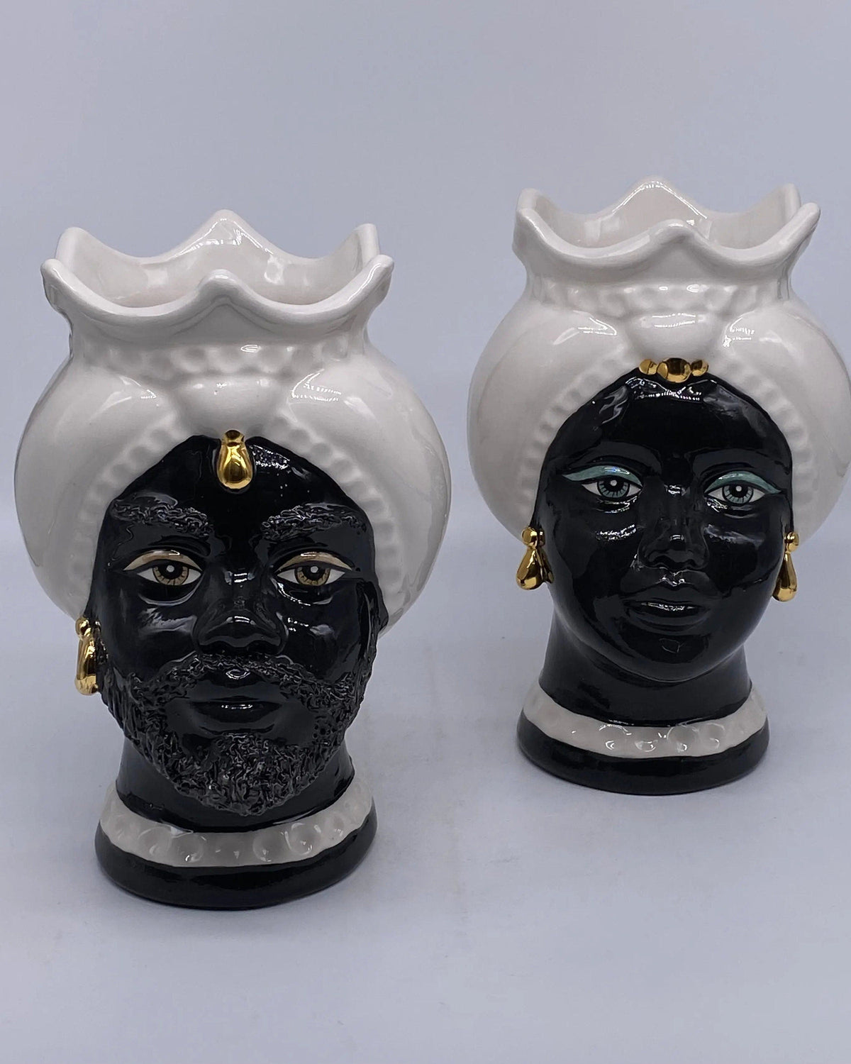 Teste di Moro Luis Ceramica Caltagirone cm H.22 L.15 Artigianale Turbante Liscio Bianco Nero Oro DD CERAMICHE SICILIANE