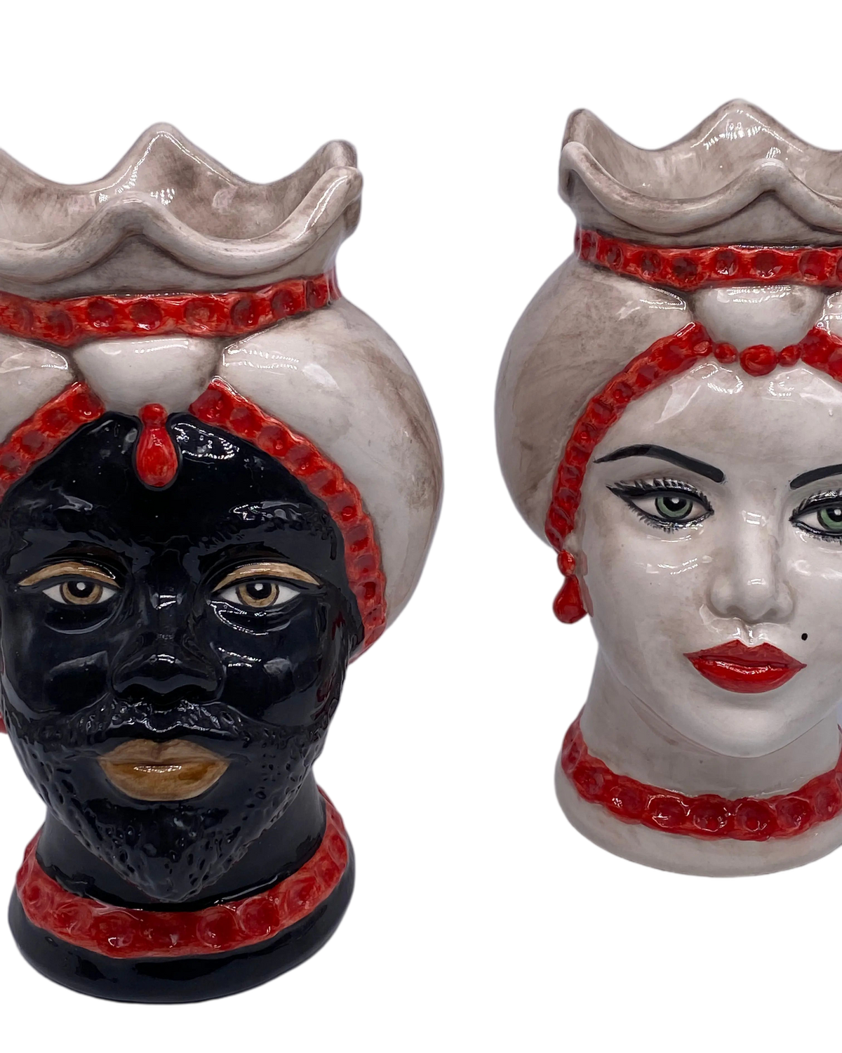 Teste di Moro Luis Ceramica Caltagirone cm H.22 L.15 Artigianale Turbante Liscio Écru Rosso DD CERAMICHE SICILIANE