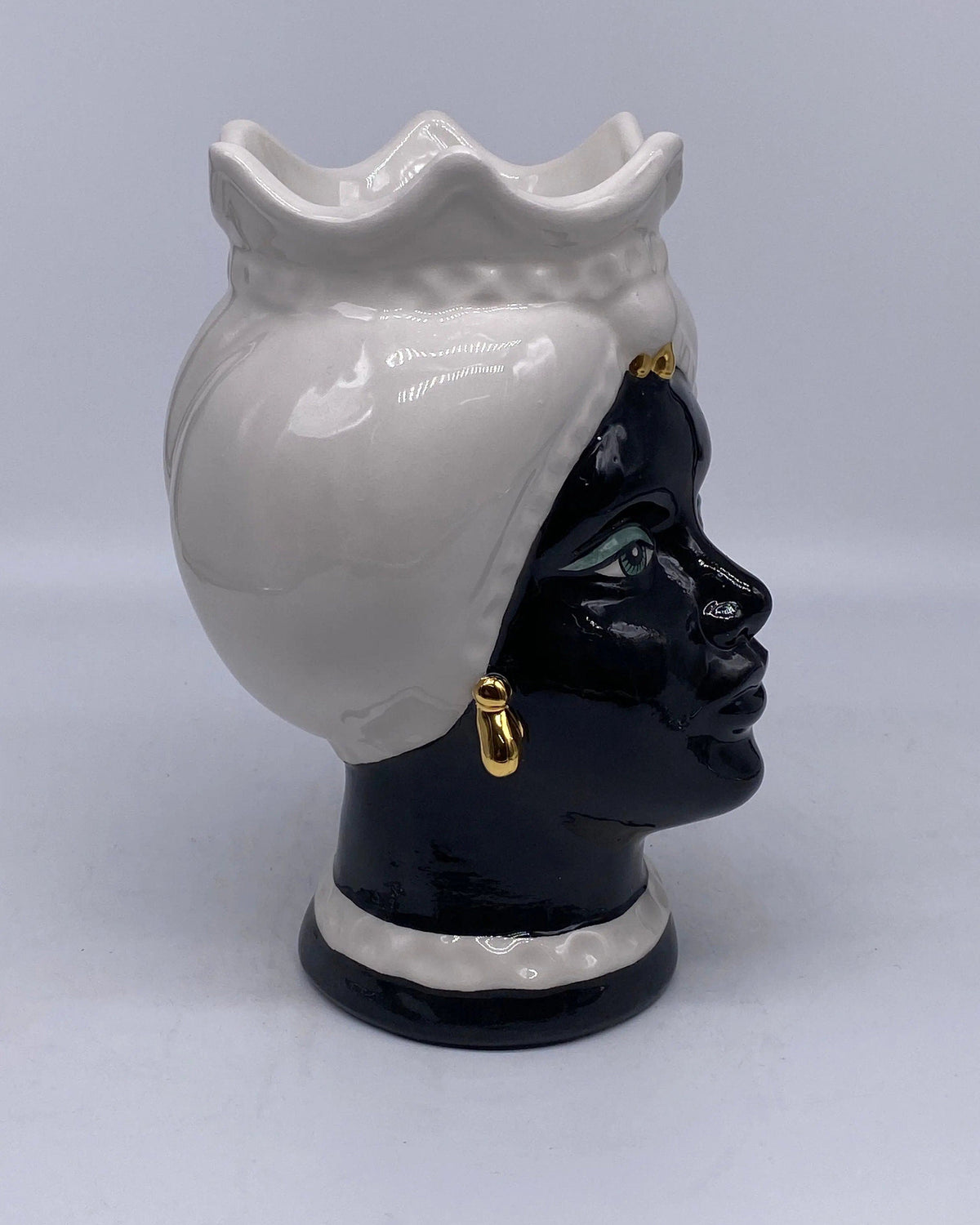 Teste di Moro Luis Ceramica Caltagirone cm H.22 L.15 Artigianale Turbante Liscio Bianco Nero Oro DD CERAMICHE SICILIANE