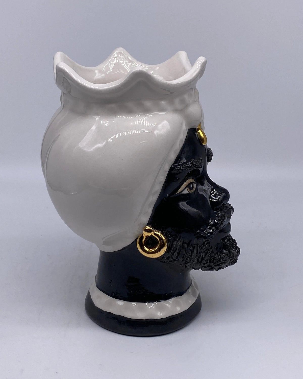 Teste di Moro Luis Ceramica Caltagirone cm H.22 L.15 Artigianale Turbante Liscio Bianco Nero Oro DD CERAMICHE SICILIANE