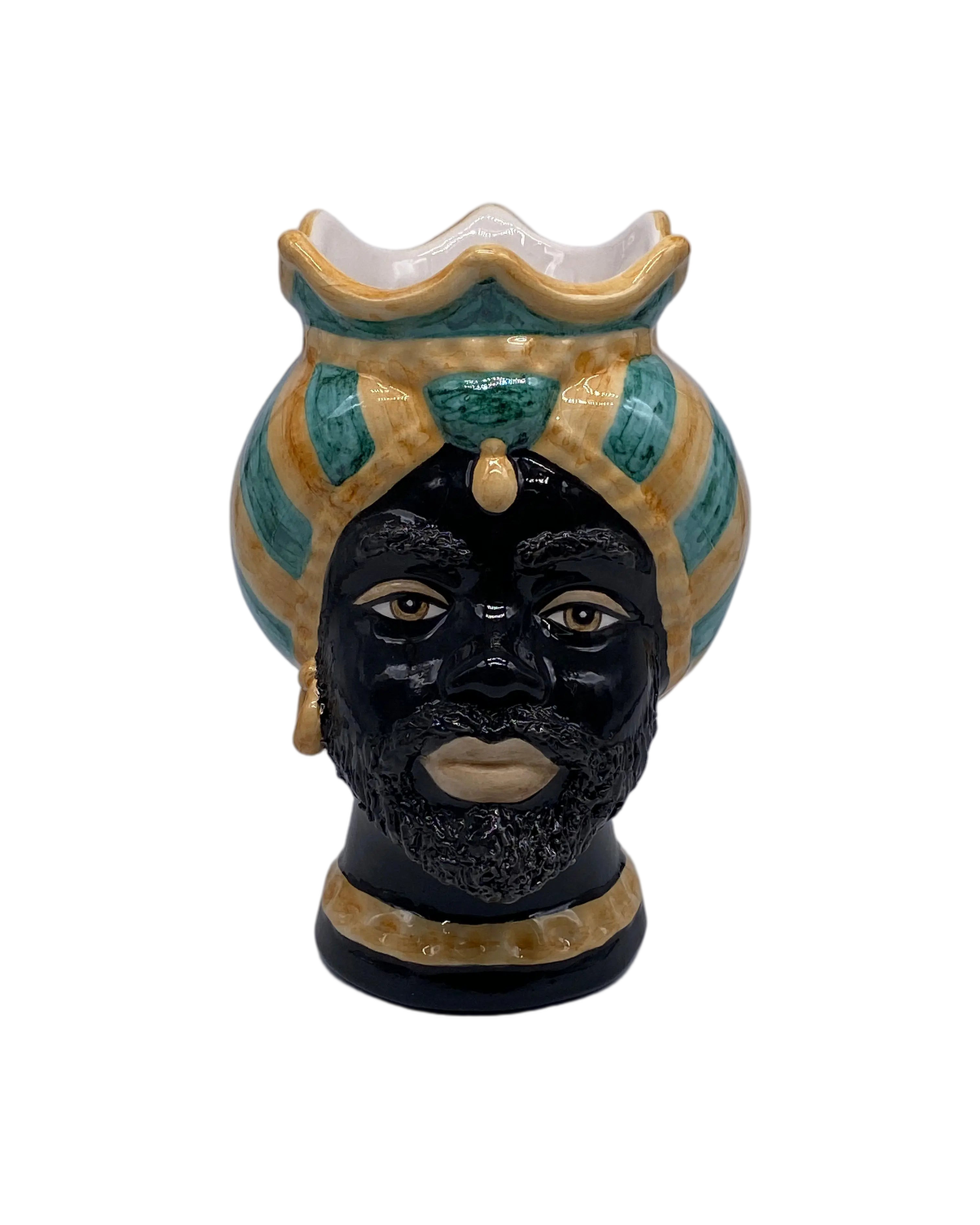 Teste di Moro Luis Ceramica Caltagirone cm H.22 L.15 Artigianale Turbante Liscio Ocra Verde DD CERAMICHE SICILIANE