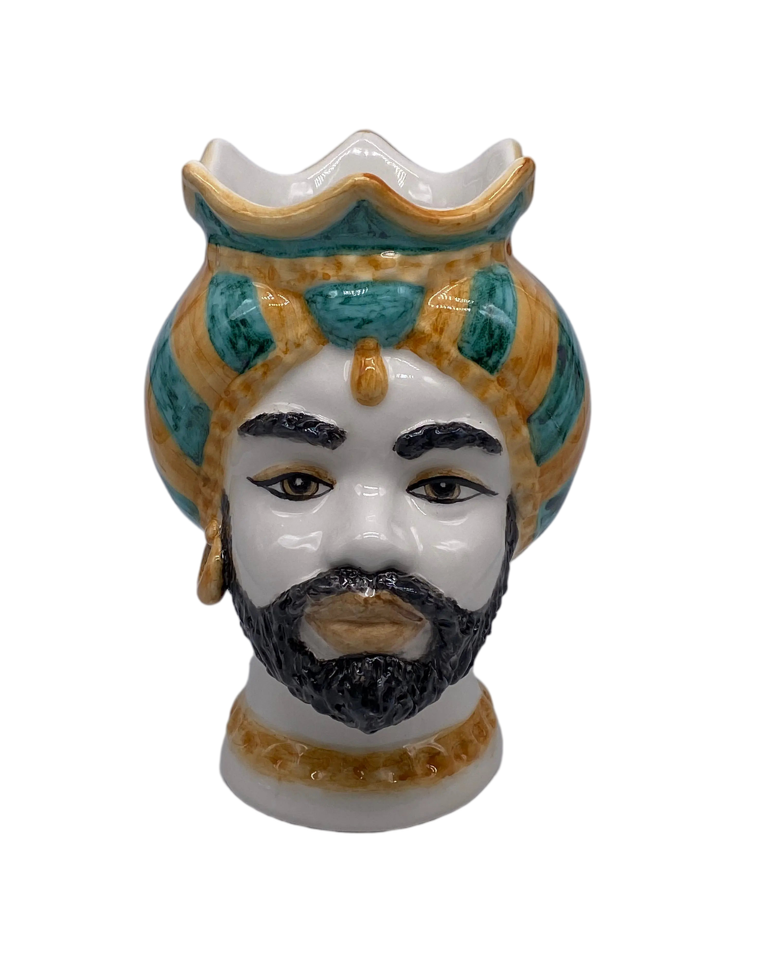 Teste di Moro Luis Ceramica Caltagirone cm H.22 L.15 Artigianale Turbante Liscio Ocra Verde DD CERAMICHE SICILIANE