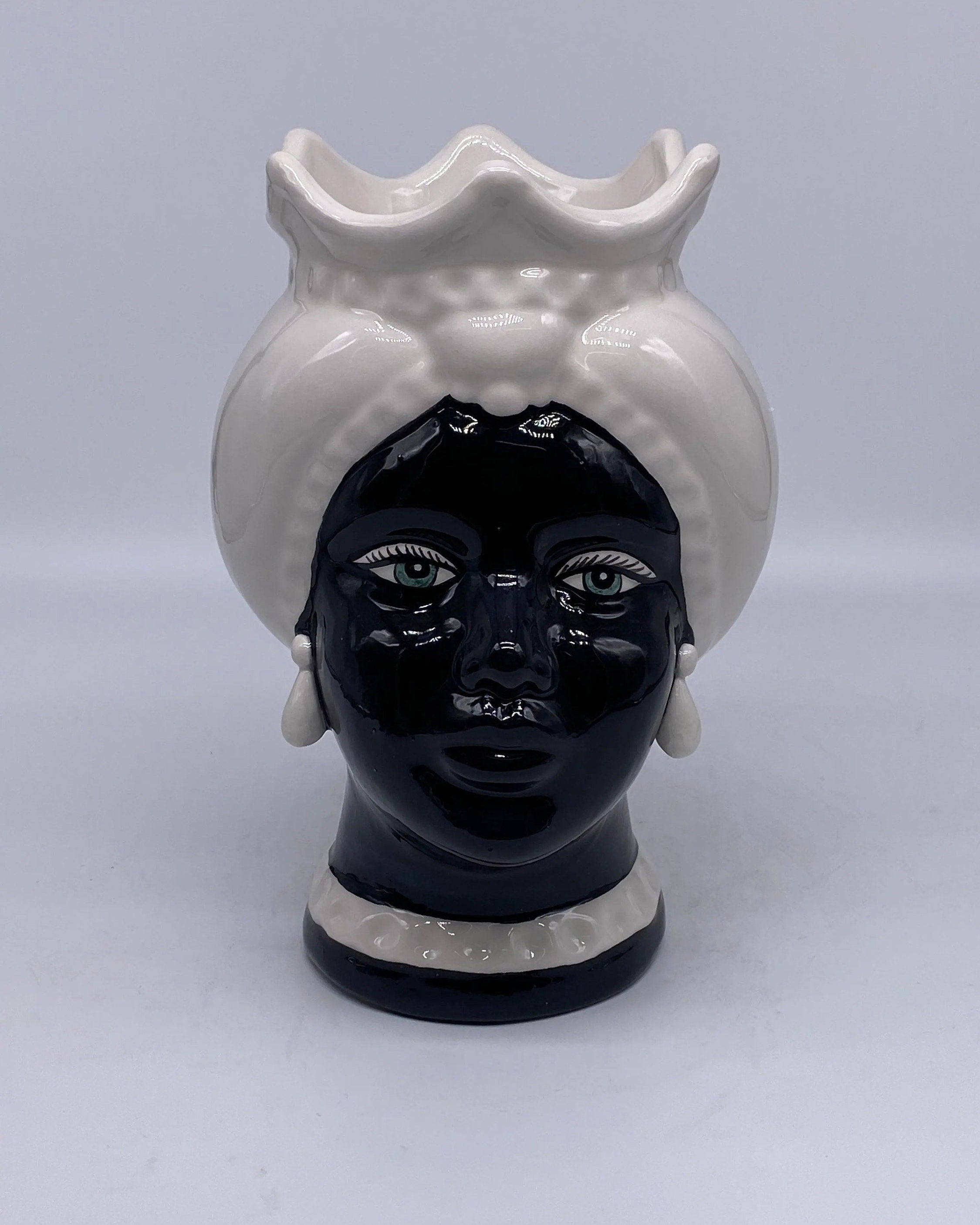 Teste di Moro Luis Ceramica Caltagirone cm H.22 L.15 Artigianale Turbante Liscio Bianco Nero DD CERAMICHE SICILIANE