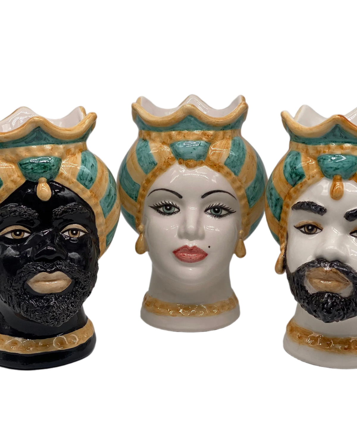 Teste di Moro Luis Ceramica Caltagirone cm H.22 L.15 Artigianale Turbante Liscio Ocra Verde DD CERAMICHE SICILIANE