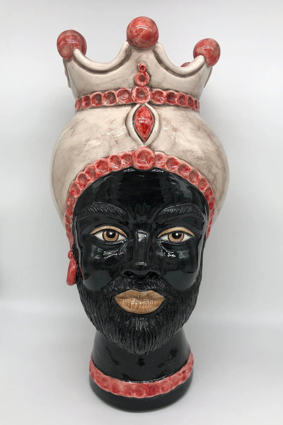 Teste di Moro Luis Ceramica Caltagirone cm H.44 L.23 Artigianale Turbante Liscio Écru Rosso DD CERAMICHE SICILIANE