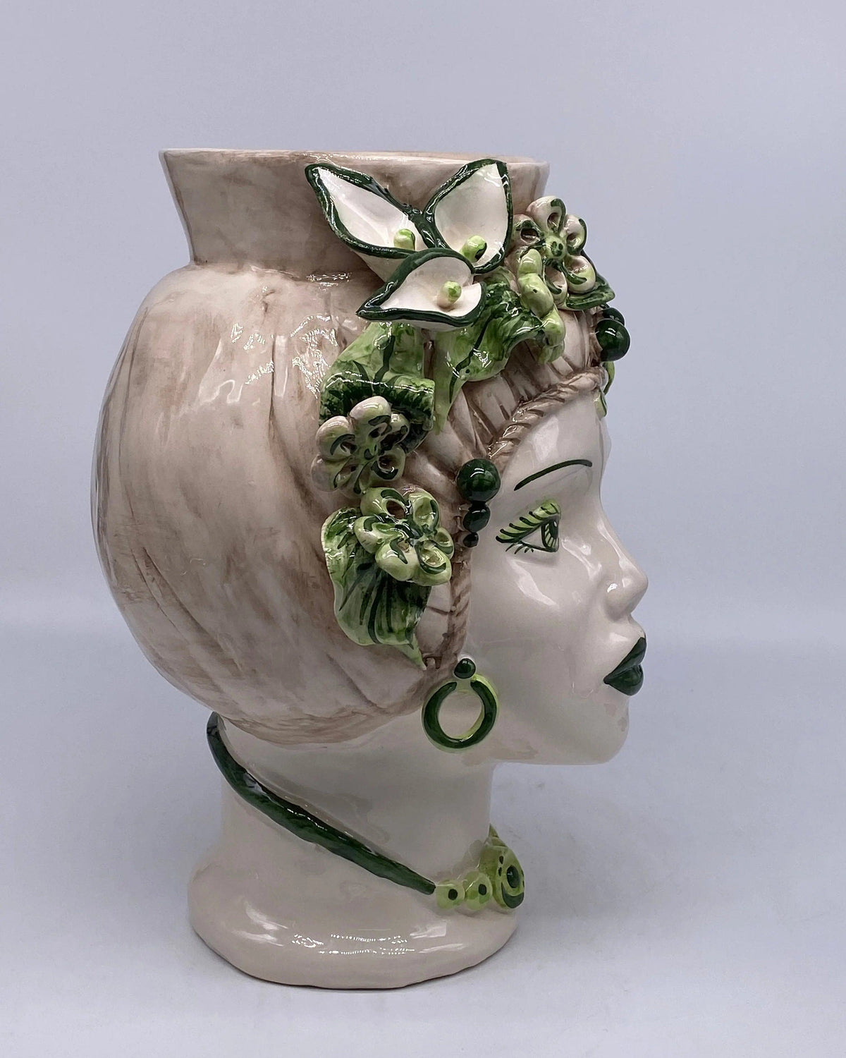 Teste di Moro Mediterraneo Ceramica Caltagirone cm H.29 L.22 Artigianale Bicolore Verde DD CERAMICHE SICILIANE