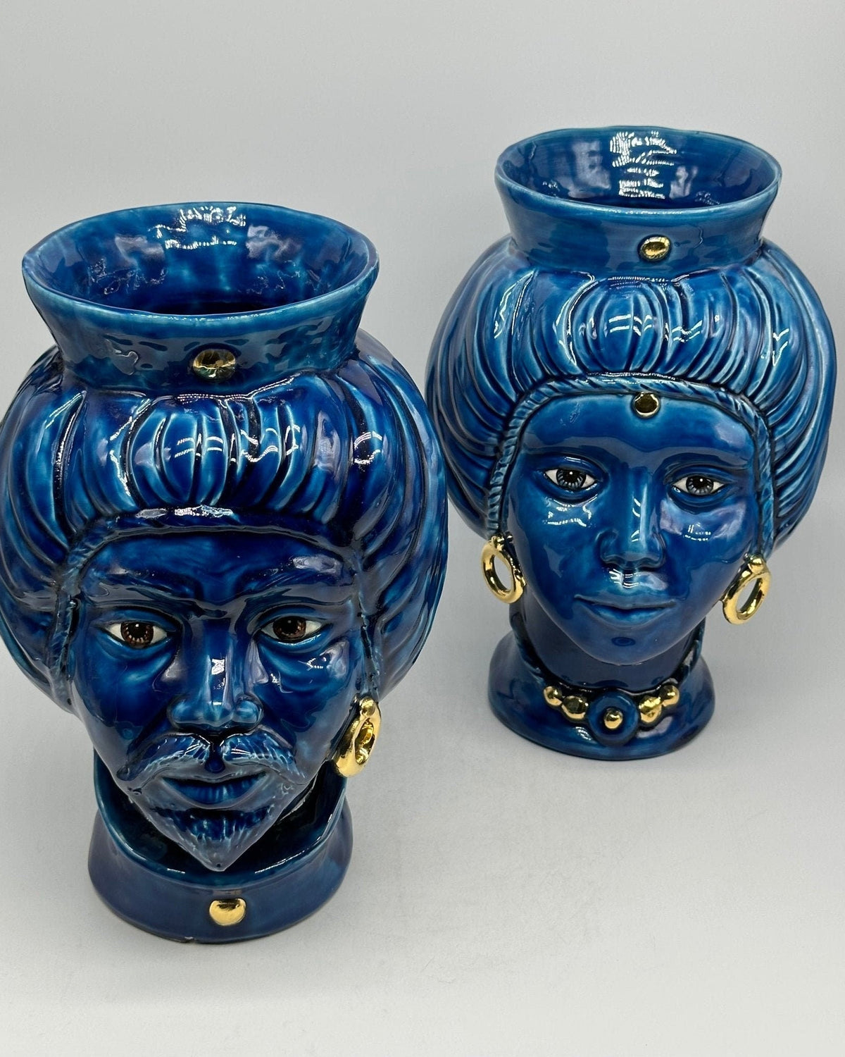 Teste di Moro Mediterraneo Ceramica Caltagirone cm H.29 L.22 Artigianale Blu Oro - DD CERAMICHE SICILIANE