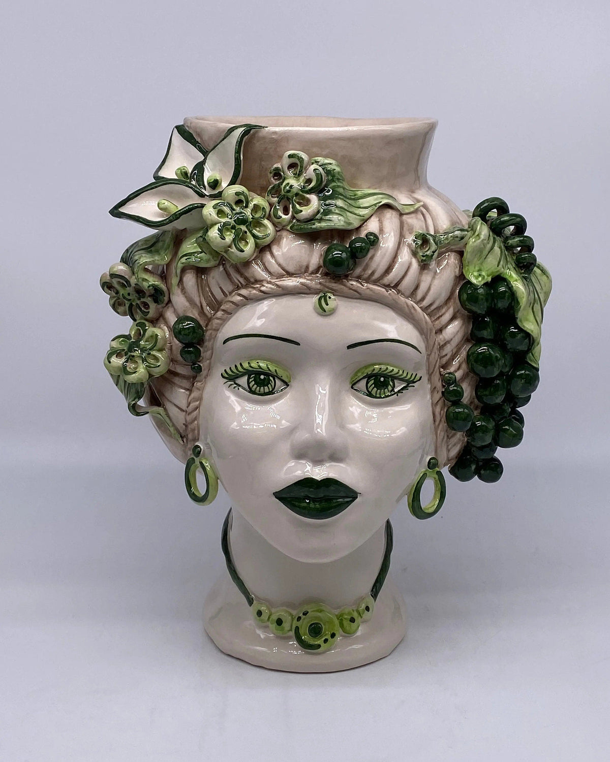 Teste di Moro Mediterraneo Ceramica Caltagirone cm H.29 L.22 Artigianale Bicolore Verde DD CERAMICHE SICILIANE