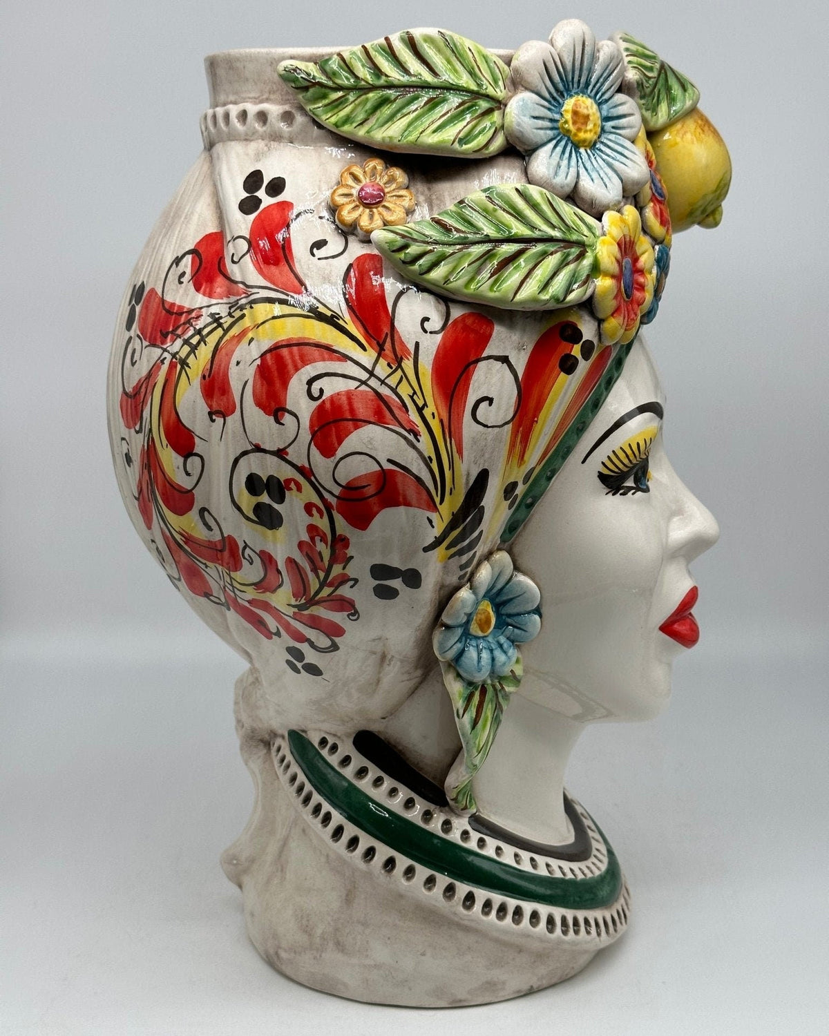 Teste di Moro Moresca Ceramica Caltagirone cm H.40 L.24 Artigianale Barocco Fiori Limoni - DD CERAMICHE SICILIANE