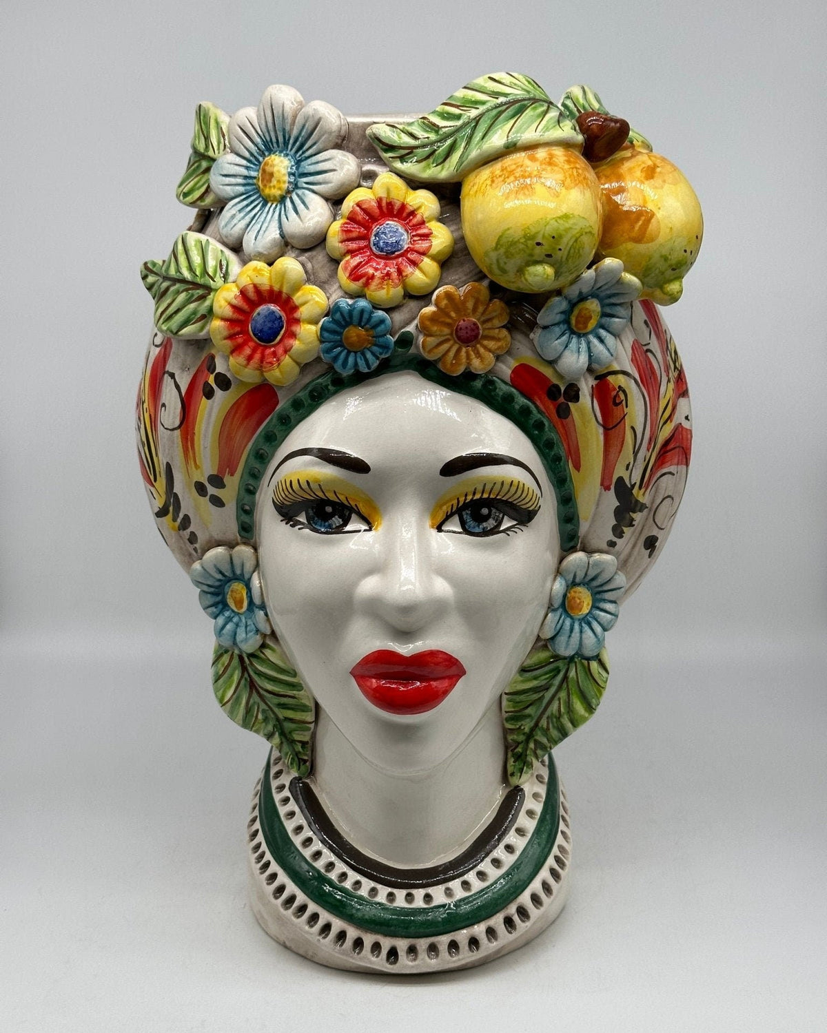 Teste di Moro Moresca Ceramica Caltagirone cm H.40 L.24 Artigianale Barocco Fiori Limoni - DD CERAMICHE SICILIANE