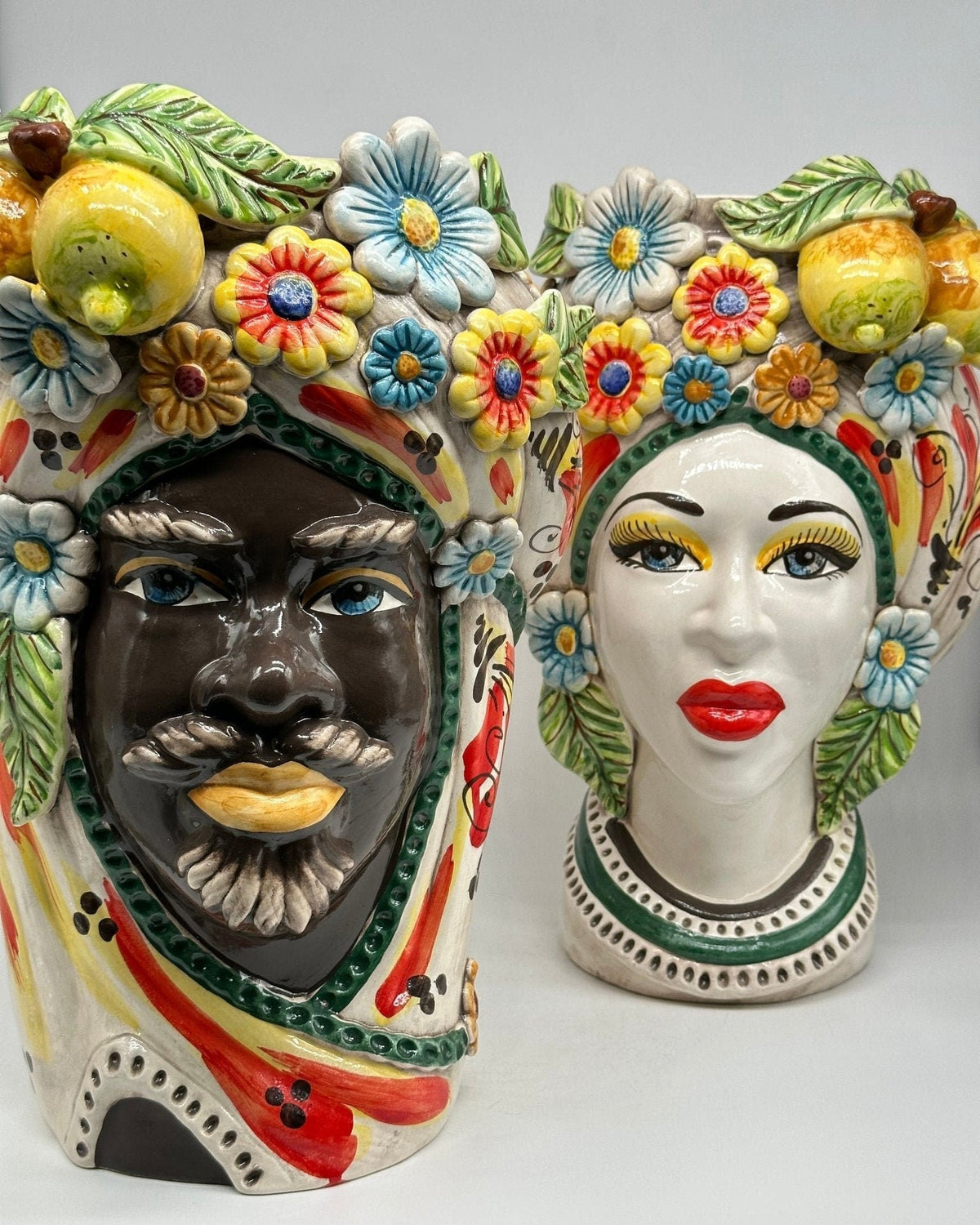 Teste di Moro Moresca Ceramica Caltagirone cm H.40 L.24 Artigianale Barocco Fiori Limoni - DD CERAMICHE SICILIANE
