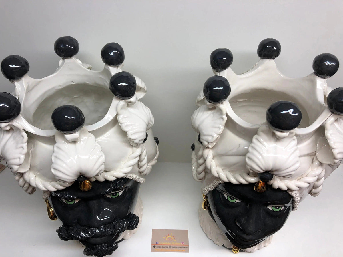 Teste di Moro Zefiro Ceramica Caltagirone cm H.43 L.26 Artigianale Bianco Nero Oro DD CERAMICHE SICILIANE