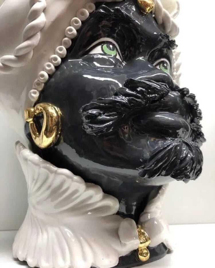 Teste di Moro Zefiro Ceramica Caltagirone cm H.43 L.26 Artigianale Bianco Nero Oro DD CERAMICHE SICILIANE