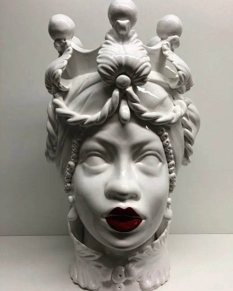 Teste di Moro Zefiro Ceramica Caltagirone cm H.43 L.26 Artigianale Bianco Labbra Rosse DD CERAMICHE SICILIANE