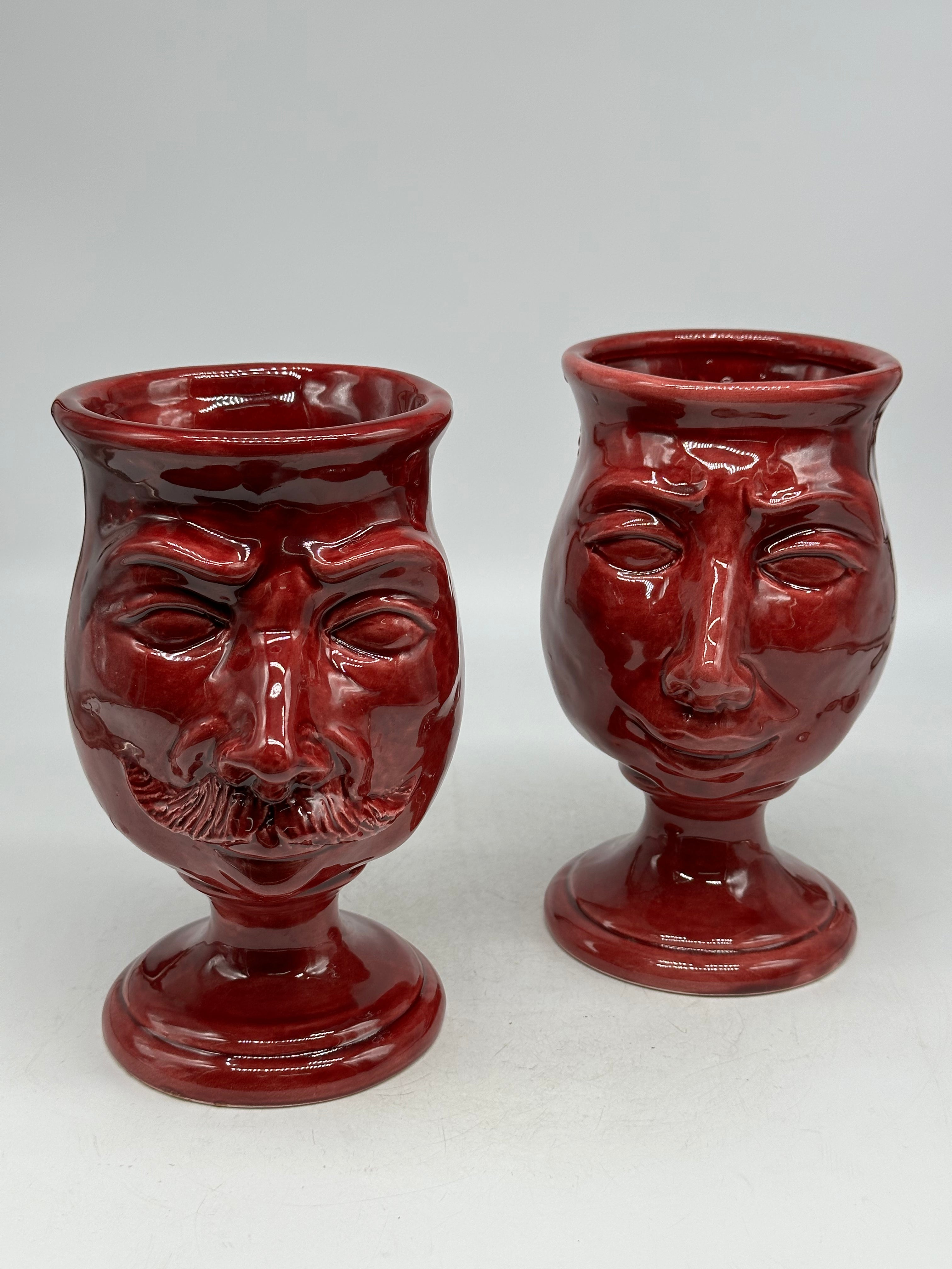 FINE SERIE - Coppia Teste di Moro Simpatiche Ceramica Caltagirone cm H.20 L.12 Artigianale Bordeaux - TESTE DI MORO