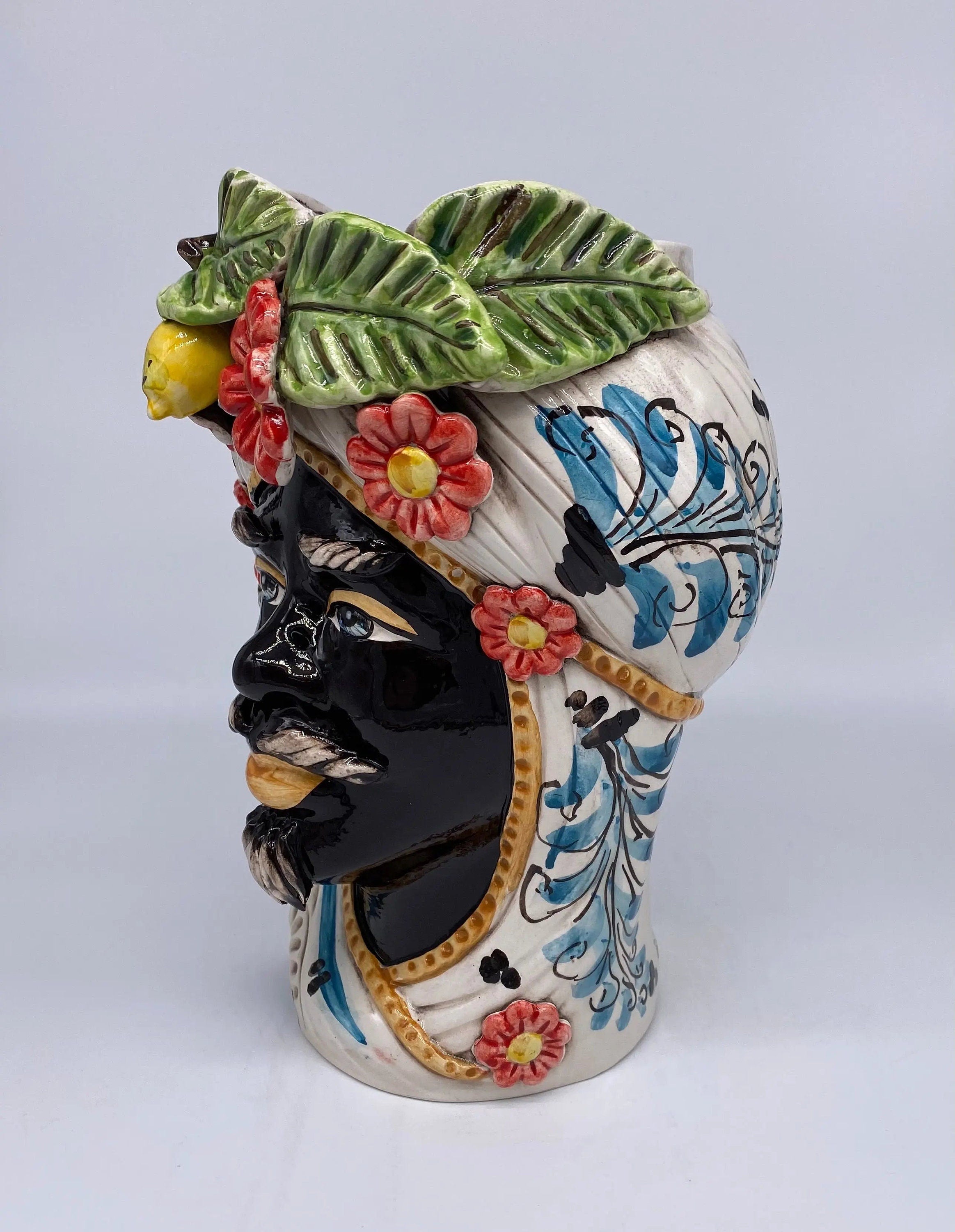 Teste di Moro Moresca Ceramica Caltagirone cm H.28 L.19 Artigianale Turbante Barocco Fiori Limoni DD CERAMICHE SICILIANE