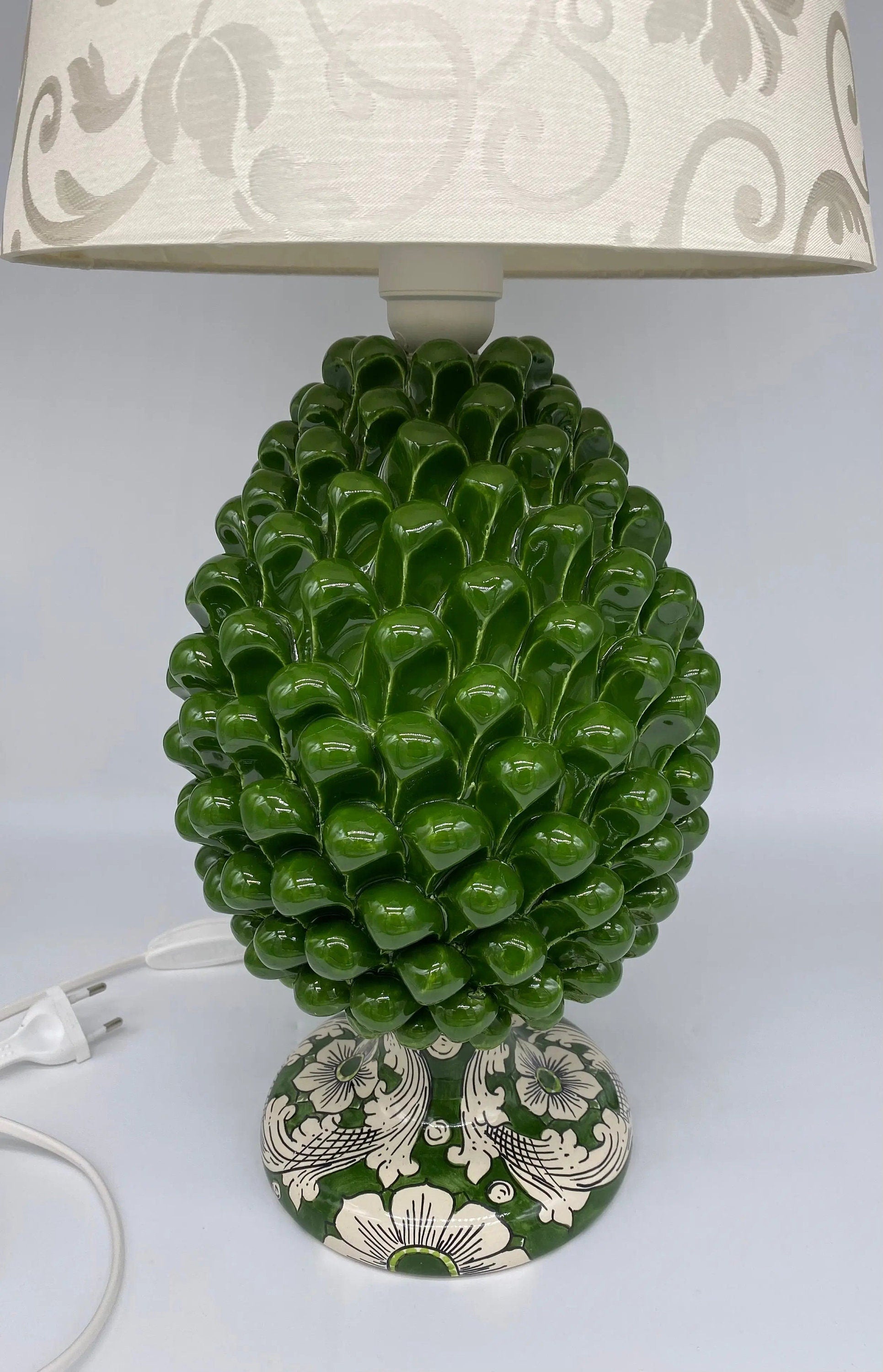 Lampada Pigna Ceramica Caltagirone cm H.30 Artigianale Verde Oliva Base Decorata DD CERAMICHE SICILIANE