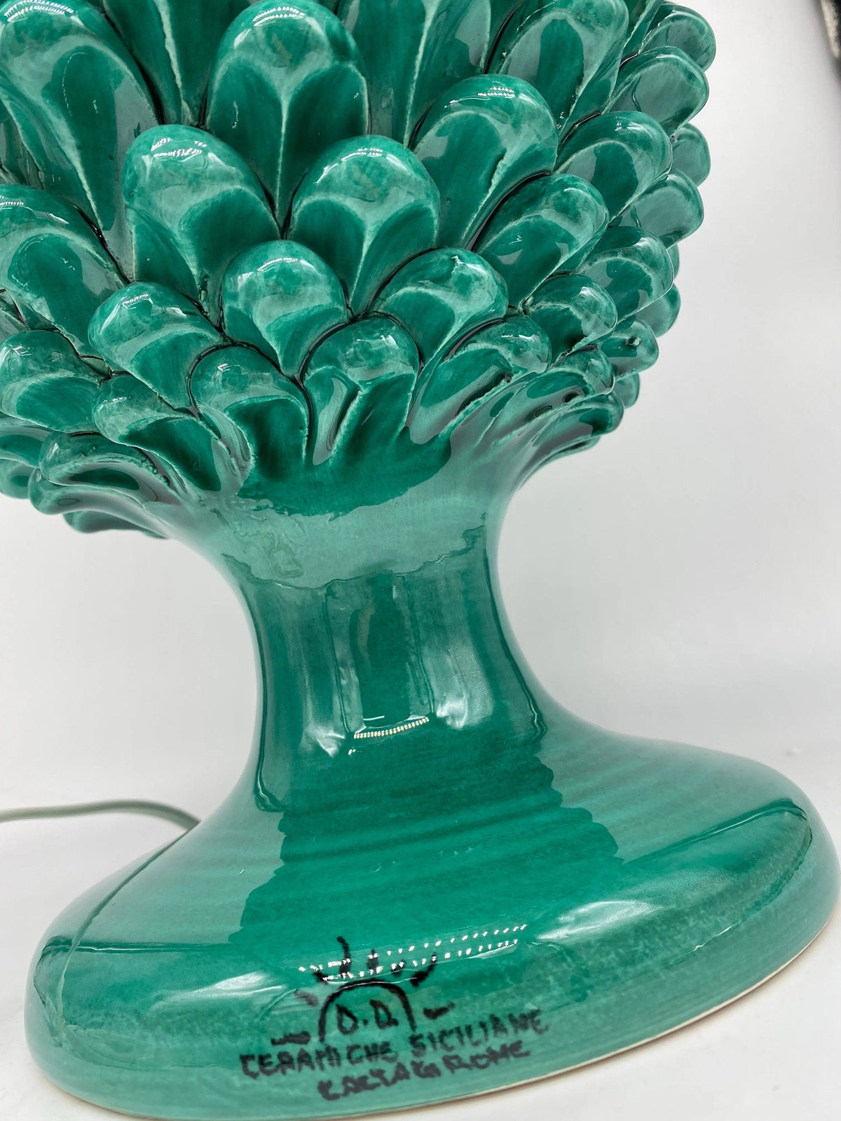 Lampada Pigna Ceramica Caltagirone cm H.40 Artigianale Verde Cristallo Base Decorata DD CERAMICHE SICILIANE