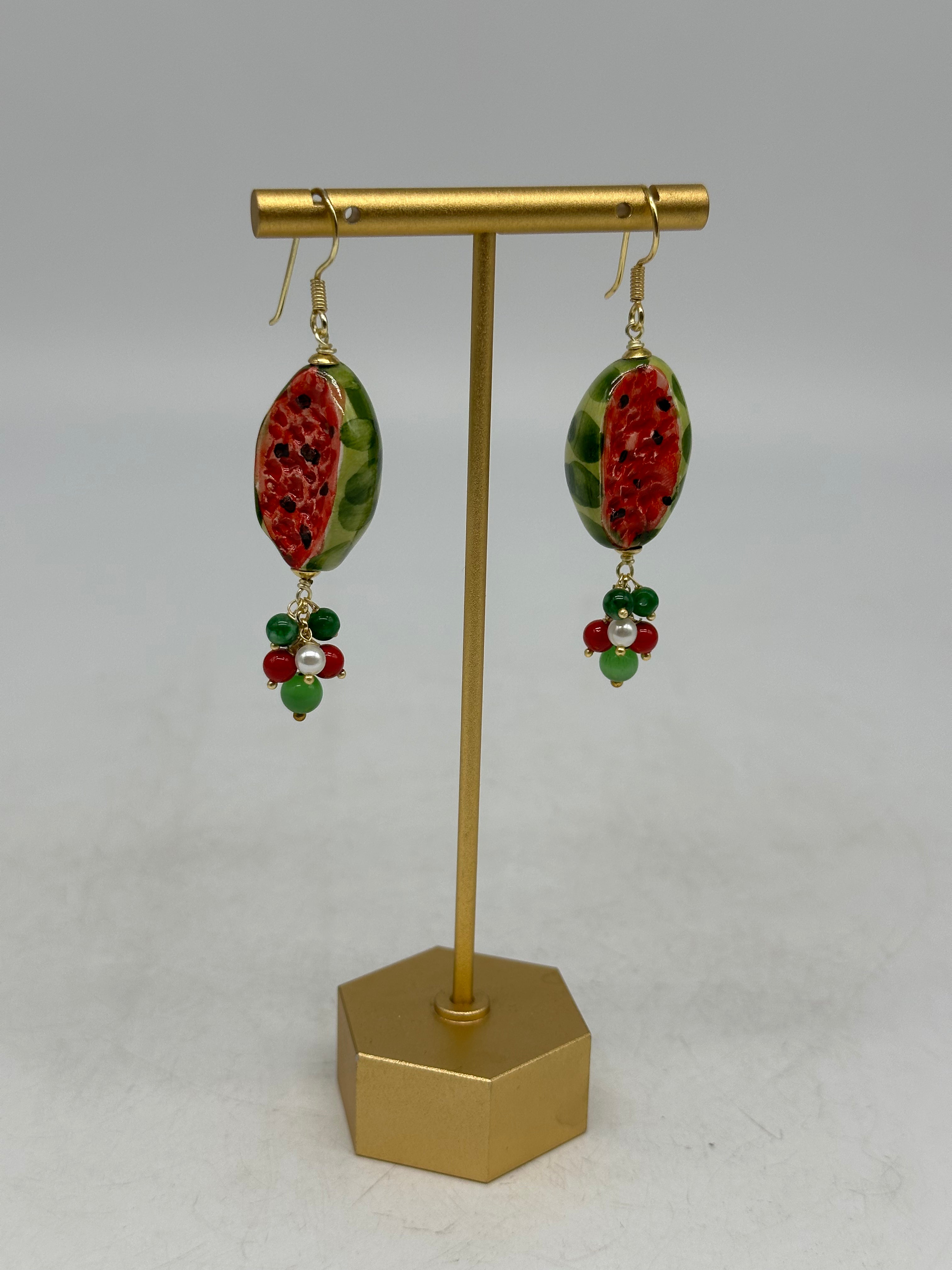 Orecchini Artigianali Anguria Ceramica di Caltagirone pietre varie - BIJOUX