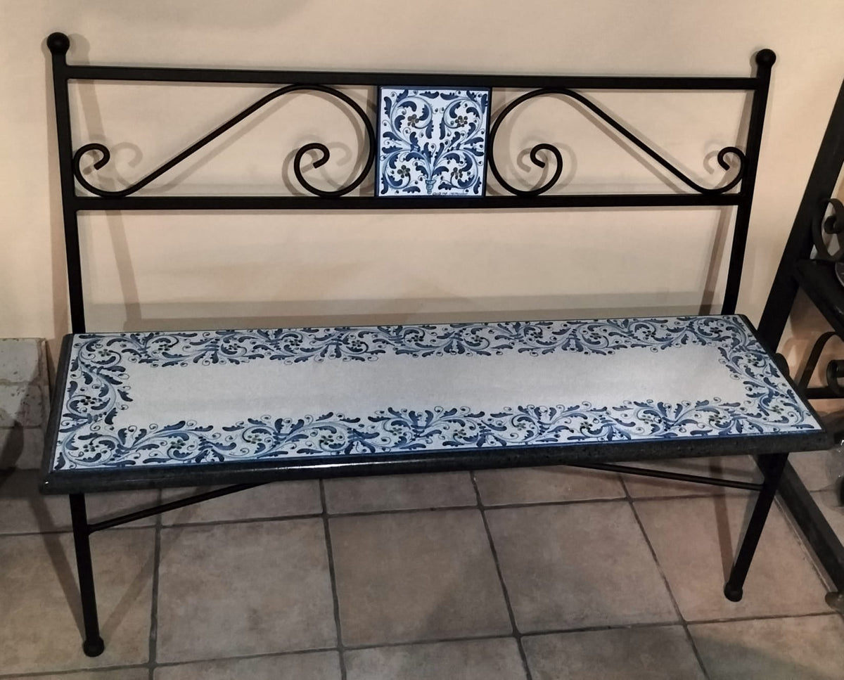 Panchina in Ferro Battuto con Pietra Lavica e Mattonella cm 20x20 Decoro ‘600 - PANCHINE