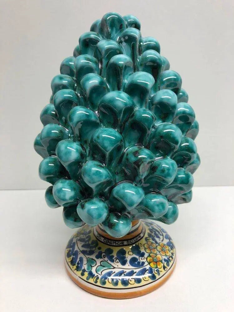 Pigna Ceramica Caltagirone cm H.20 Artigianale Verde Acqua Base Decorata Fiori DD CERAMICHE SICILIANE