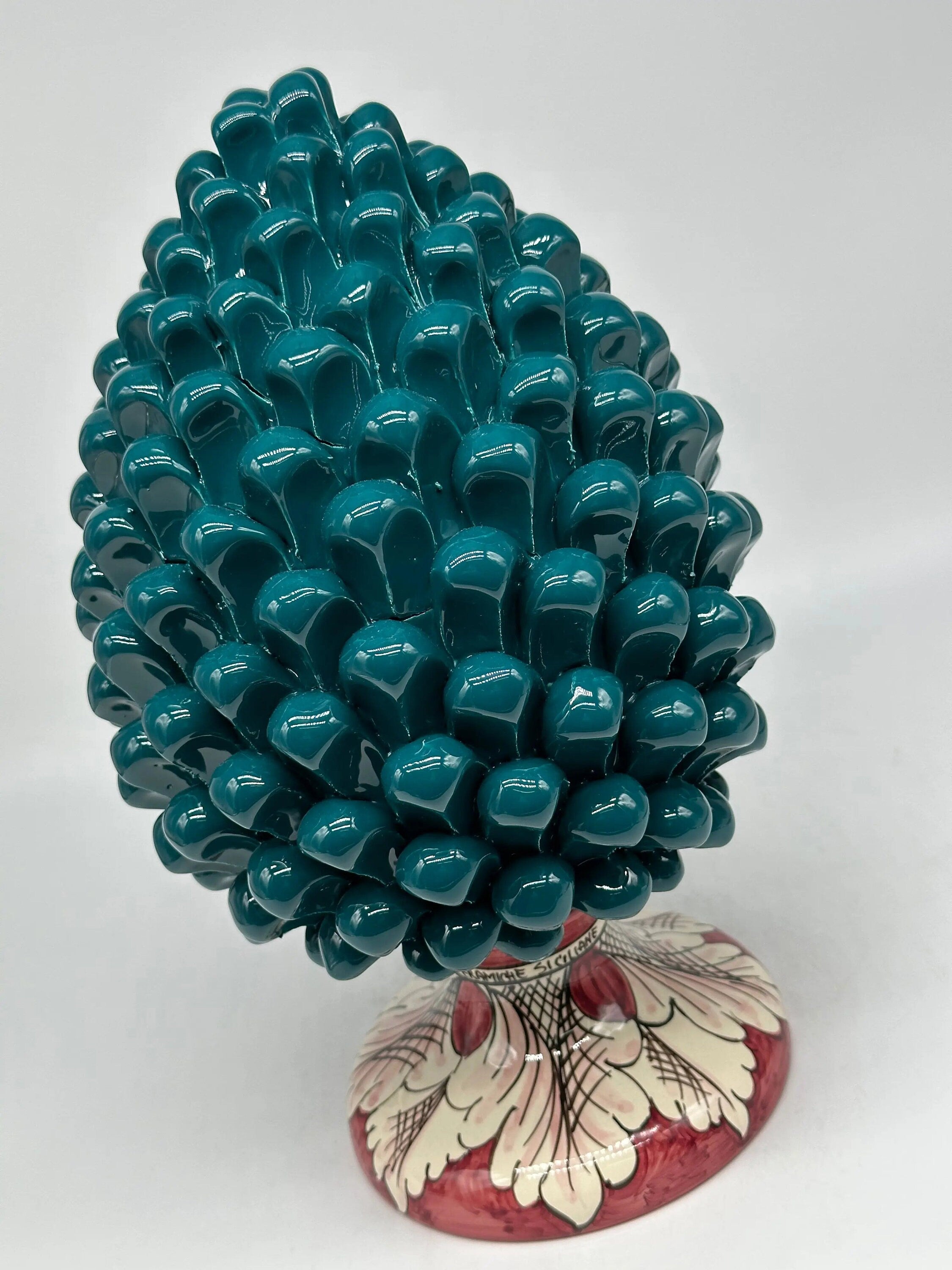 Pigna Ceramica Caltagirone cm H.30 Artigianale Verde Ottanio Base Decorata DD CERAMICHE SICILIANE