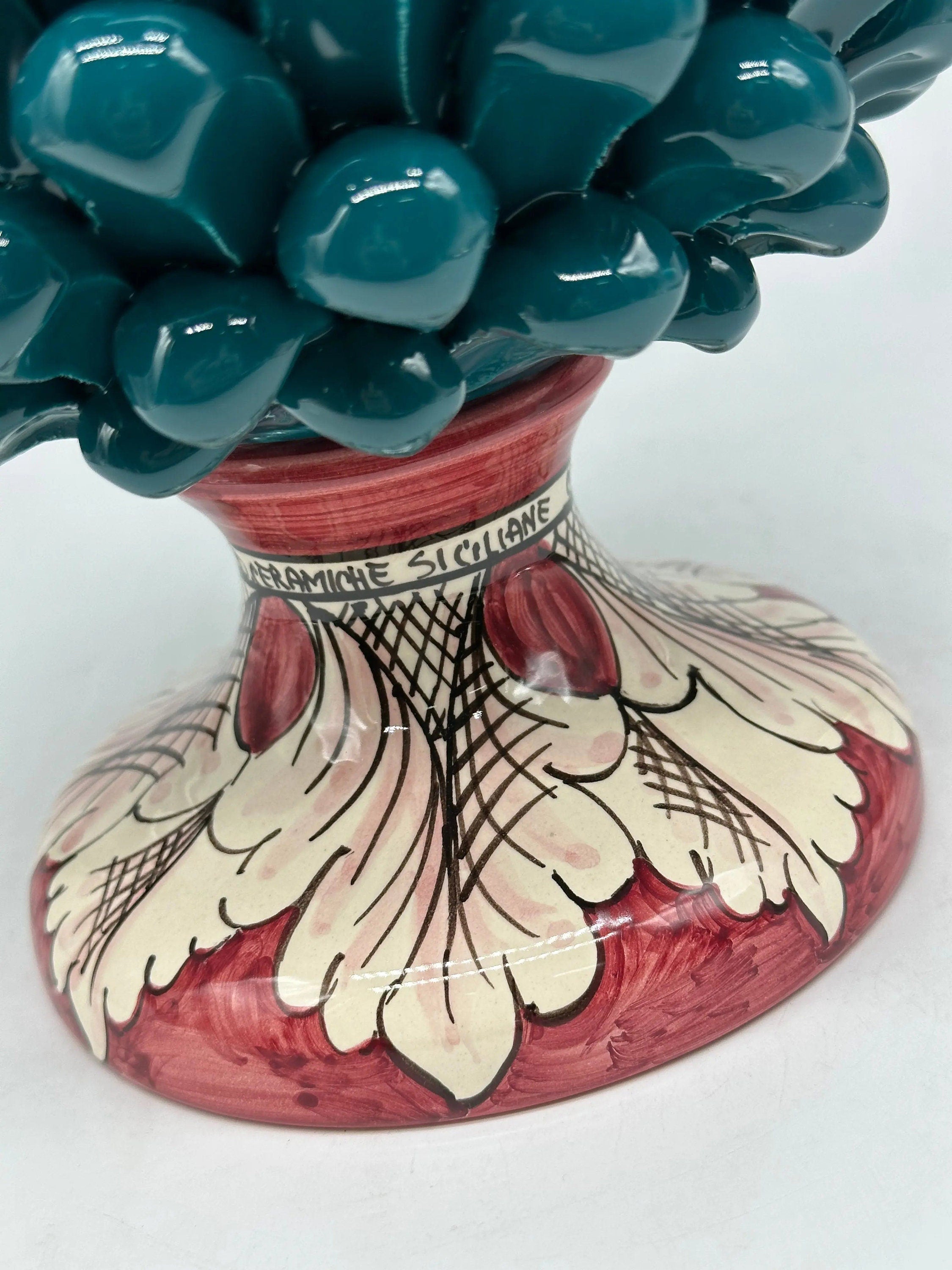 Pigna Ceramica Caltagirone cm H.30 Artigianale Verde Ottanio Base Decorata DD CERAMICHE SICILIANE