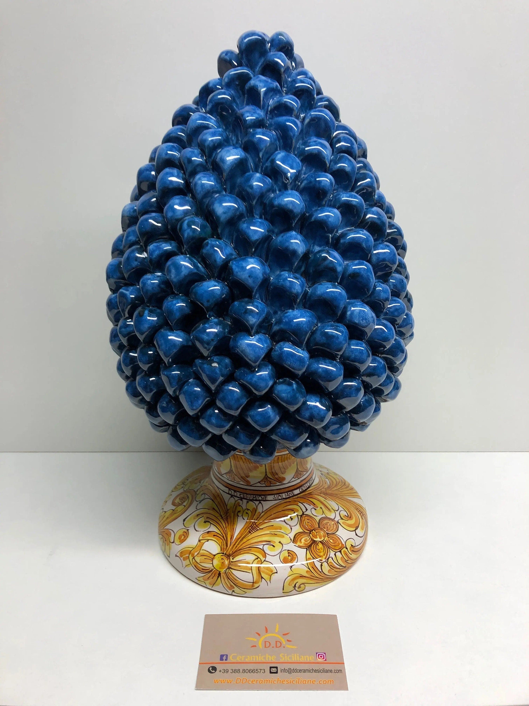 Pigna Ceramica Caltagirone cm H.35 Artigianale Blu Antico Base Decorata DD CERAMICHE SICILIANE