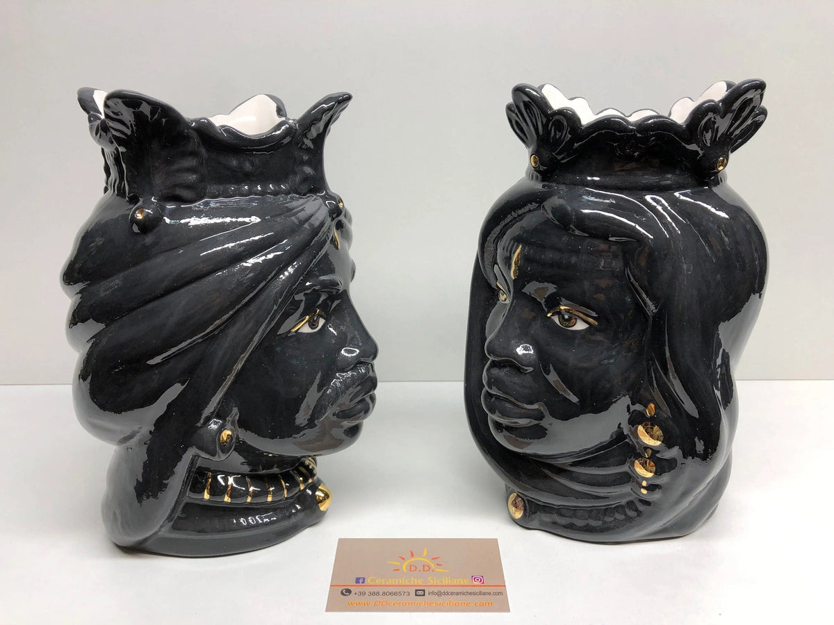 Teste di Moro Afro Ceramica Caltagirone cm H.25 L.17 Artigianale Nero dettagli Oro DD CERAMICHE SICILIANE