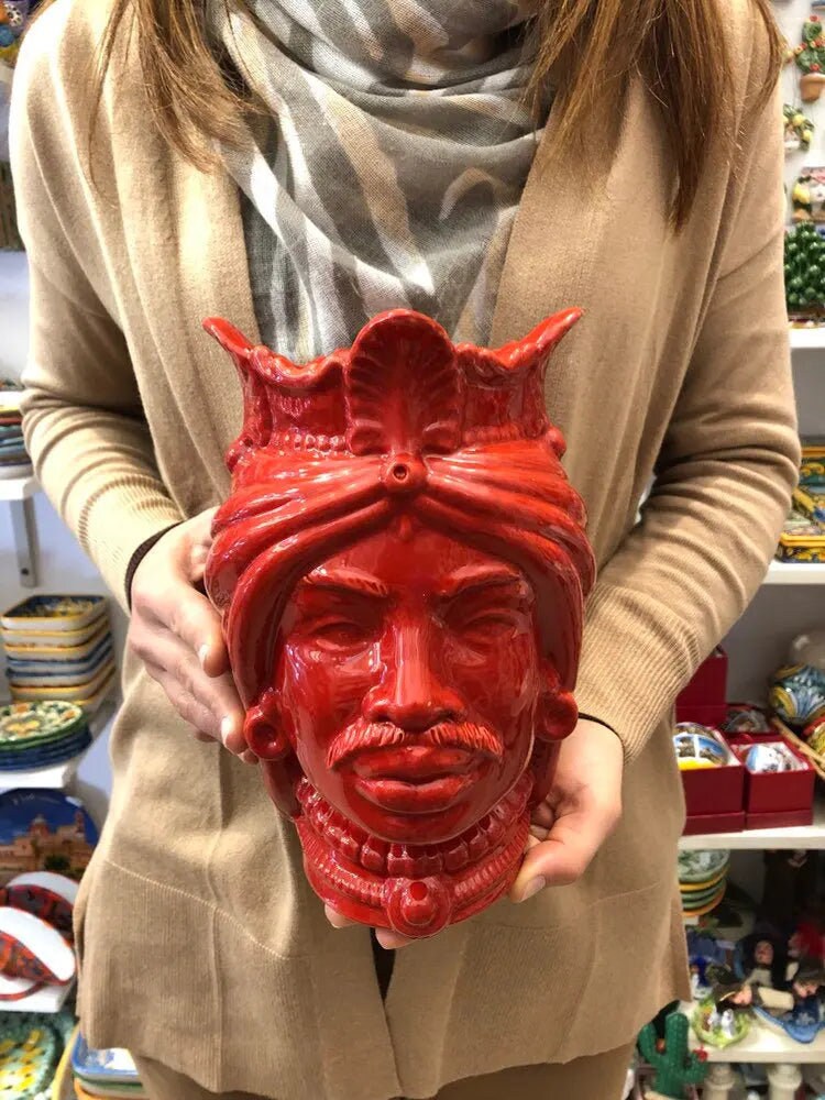Teste di Moro Afro Ceramica Caltagirone cm H.25 L.17 Artigianale Rosso DD CERAMICHE SICILIANE