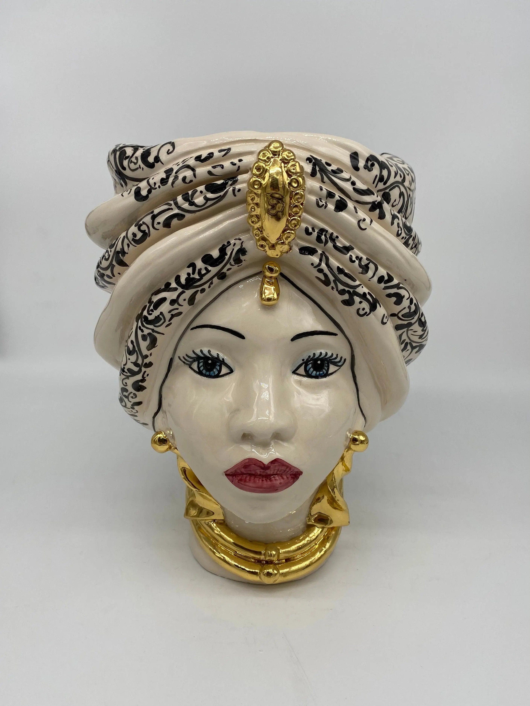 Teste di Moro Atena Ceramica Caltagirone cm H.24 L.18 Artigianale Bianco Decoro Barocco Oro DD CERAMICHE SICILIANE