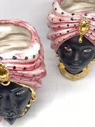Teste di Moro Atena Ceramica Caltagirone cm H.24 L.18 Artigianale Rosa Pois Nero Oro DD CERAMICHE SICILIANE