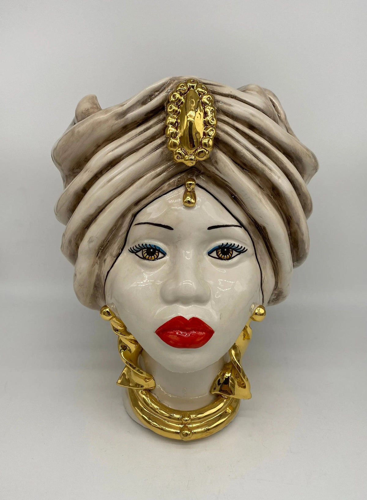 Teste di Moro Atena Ceramica Caltagirone cm H.30 L.23 Artigianale Écru Beige Oro DD CERAMICHE SICILIANE