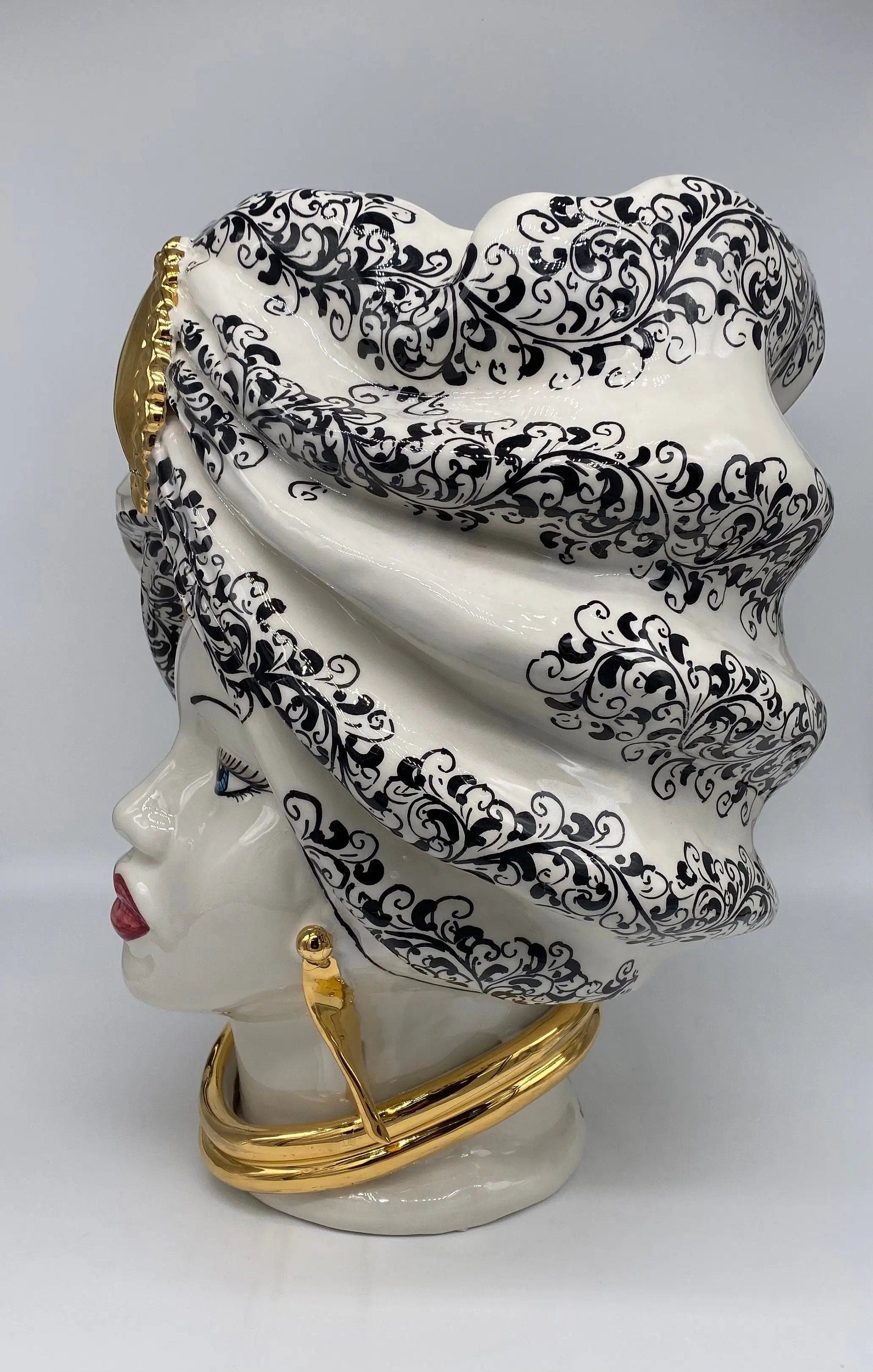 Teste di Moro Atena Ceramica Caltagirone cm H.40 L.28 Artigianale Opaco Bianco Barocco Oro DD CERAMICHE SICILIANE