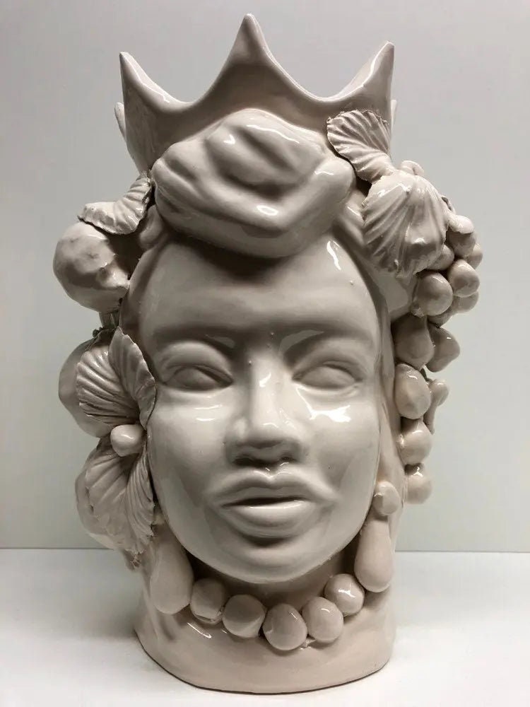 Teste di Moro Corona a Punte Ceramica Caltagirone cm H.28 L.20 Artigianale Bianco DD CERAMICHE SICILIANE
