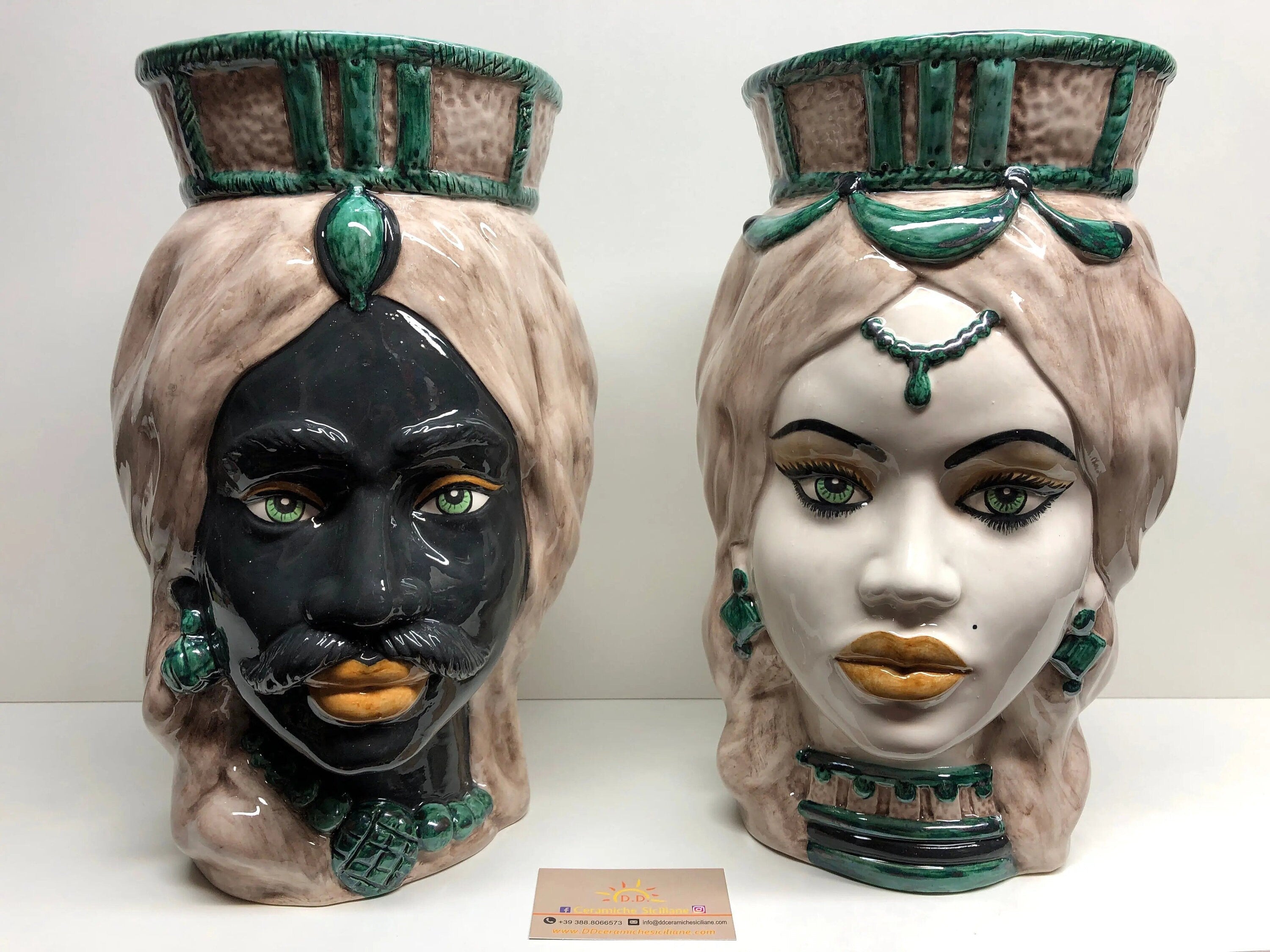 Teste di Moro Corona Retta Ceramica Caltagirone cm H.38 L.24 Artigianale dettagli Verde Acqua DD CERAMICHE SICILIANE