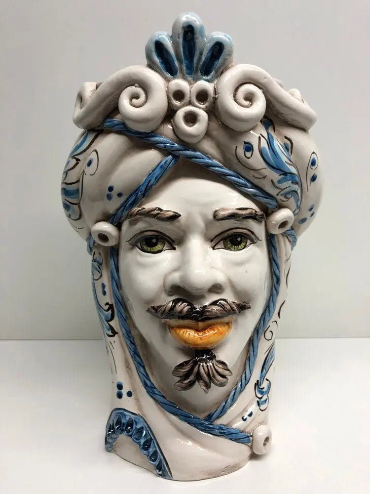 Teste di Moro Moresca Ceramica Caltagirone cm H.28 L.19 Artigianale Barocco Azzurro DD CERAMICHE SICILIANE