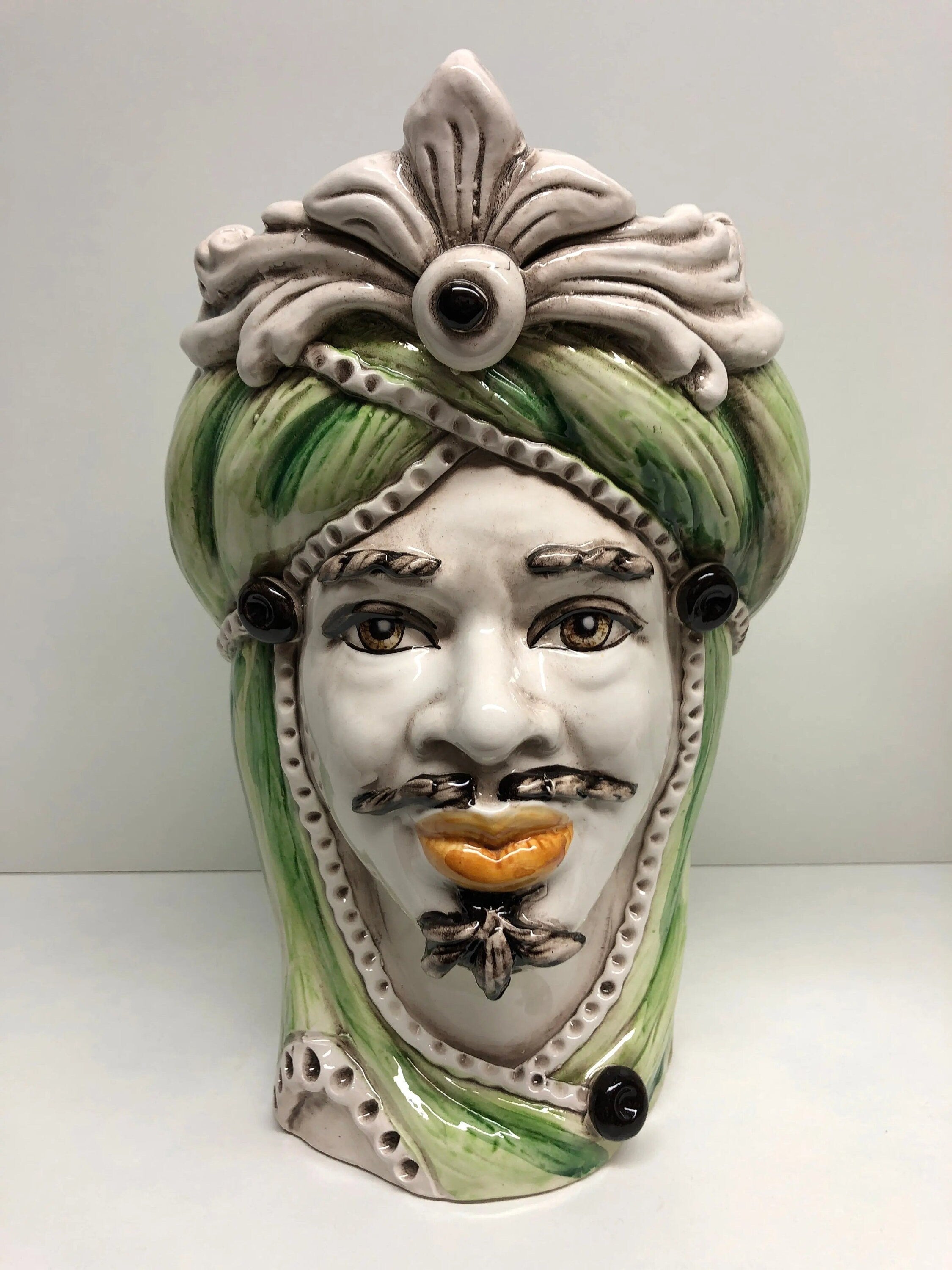Teste di Moro Moresca Ceramica Caltagirone cm H.28 L.19 Artigianale Turbante Verde DD CERAMICHE SICILIANE