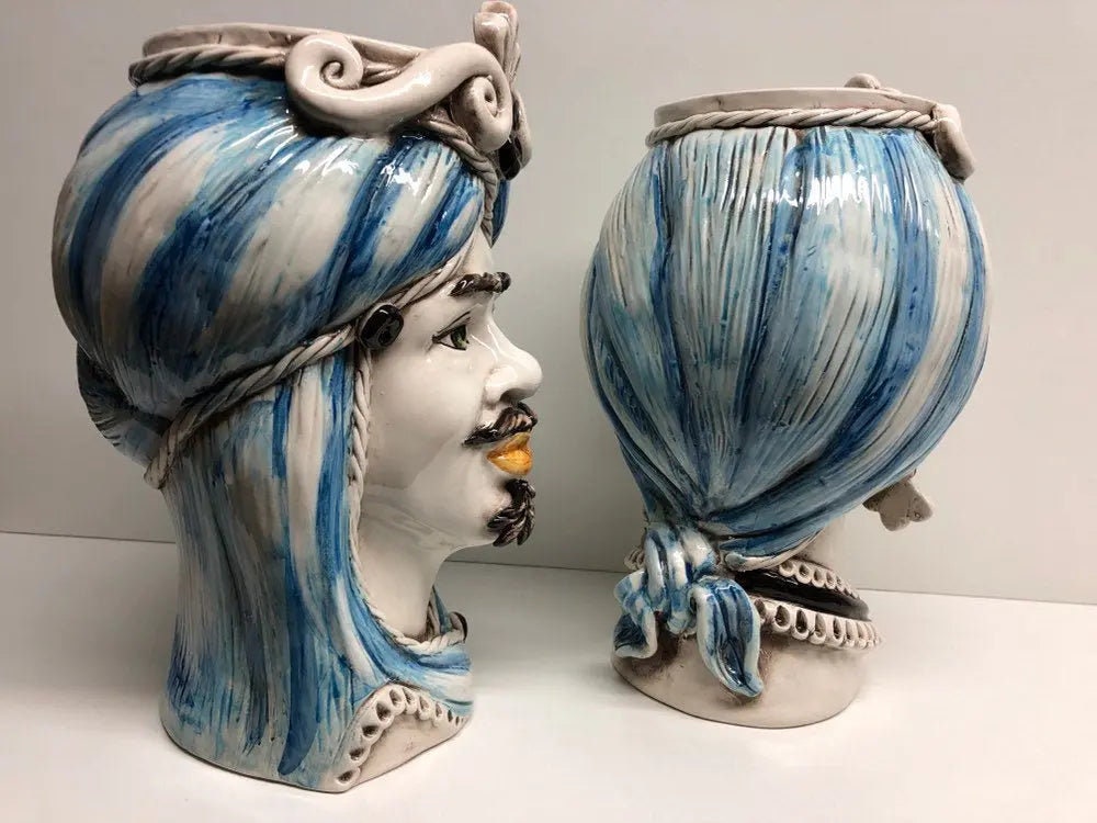 Teste di Moro Moresca Ceramica Caltagirone cm H.28 L.19 Artigianale Turbante Azzurro DD CERAMICHE SICILIANE