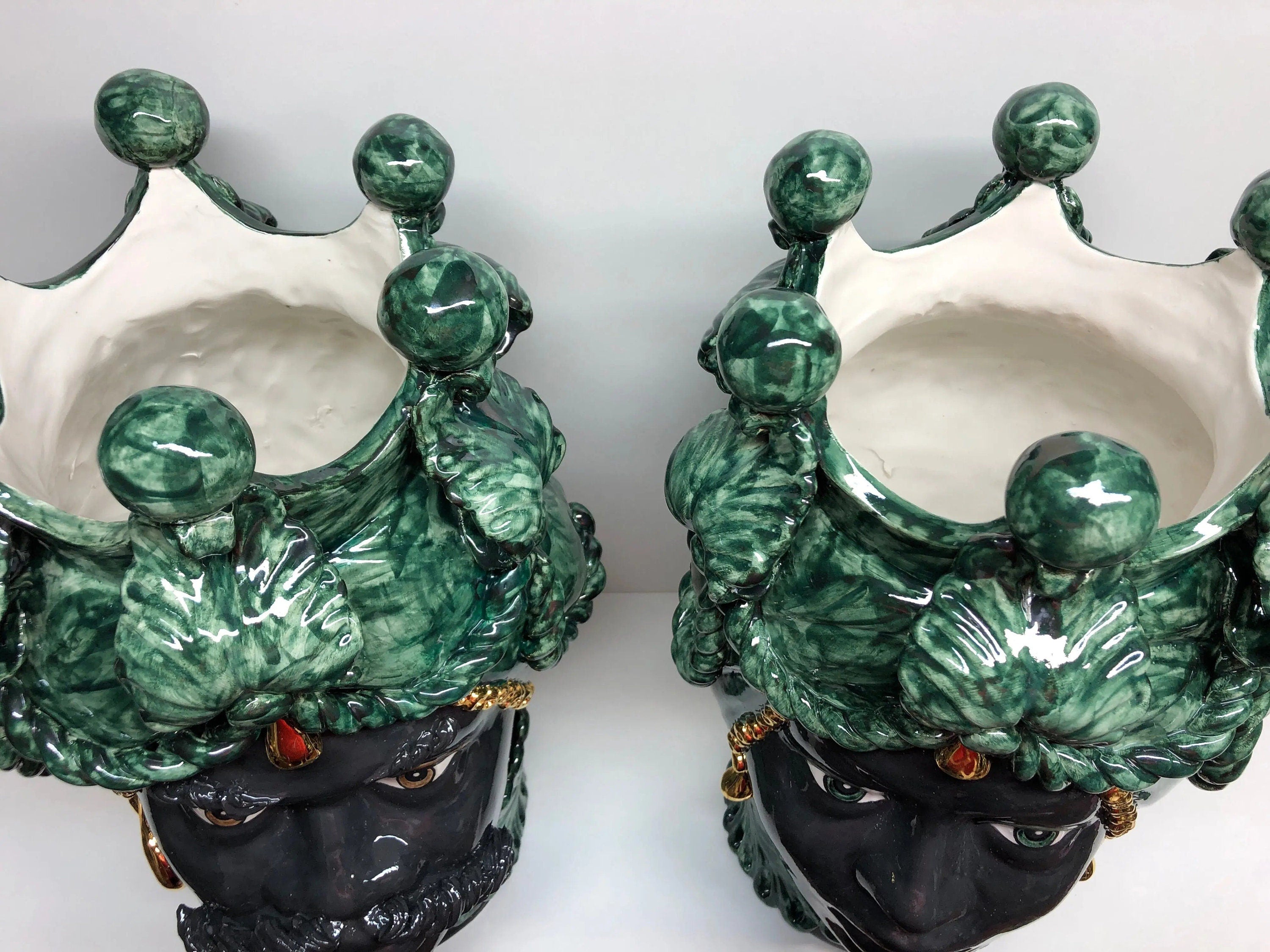 Teste di Moro Zefiro Ceramica Caltagirone cm H.43 L.26 Artigianale Verde Nero Oro DD CERAMICHE SICILIANE